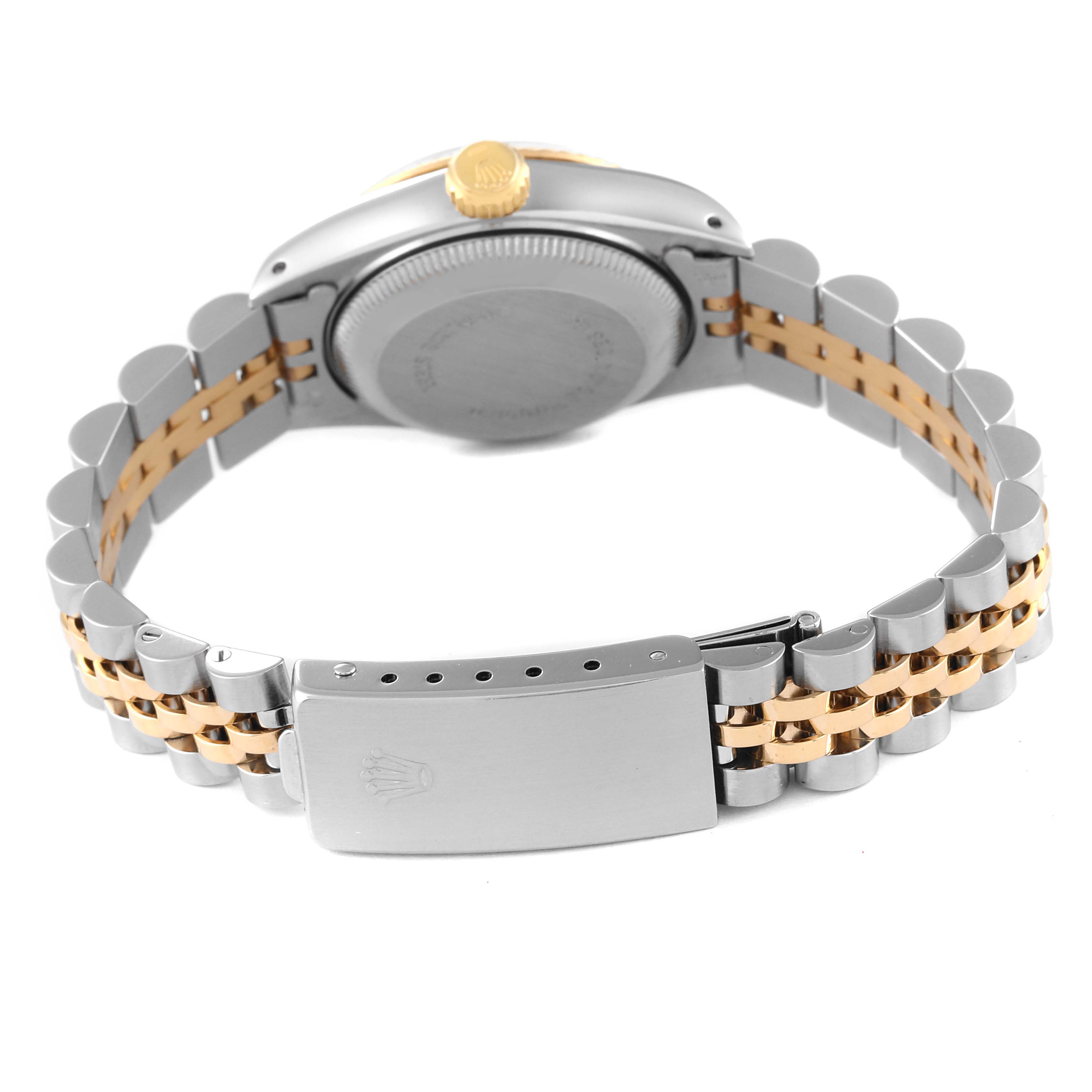 This image shows the clasp, bracelet, case back, and part of the crown of a Rolex Datejust 69173 Women's Steel and Gold (two tone) White Dial 69173 Women's Steel and Gold (two tone) White Dial watch from a rear angle.