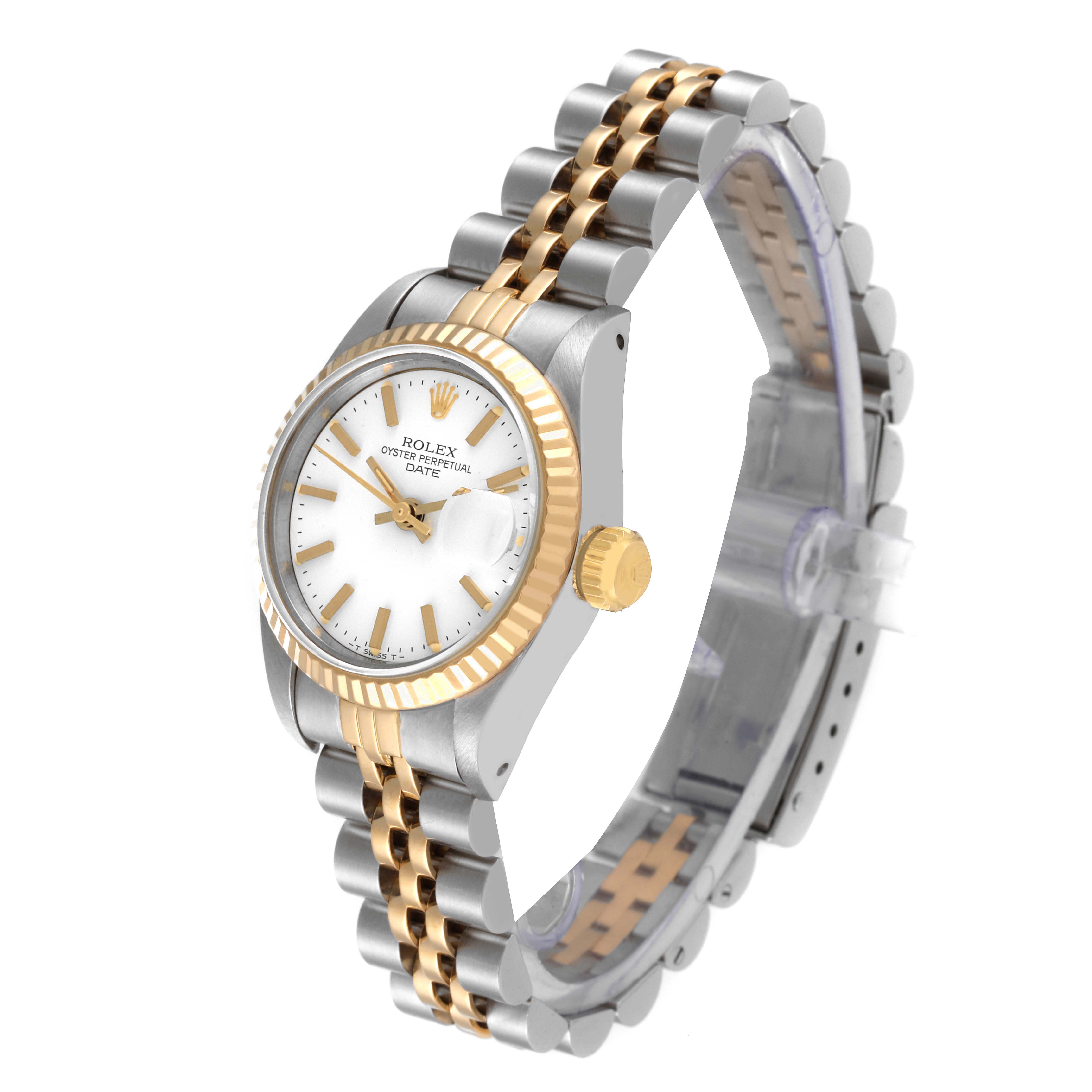 The image shows a Datejust model by Rolex from an angle highlighting its face, fluted bezel, crown, and two-tone bracelet.