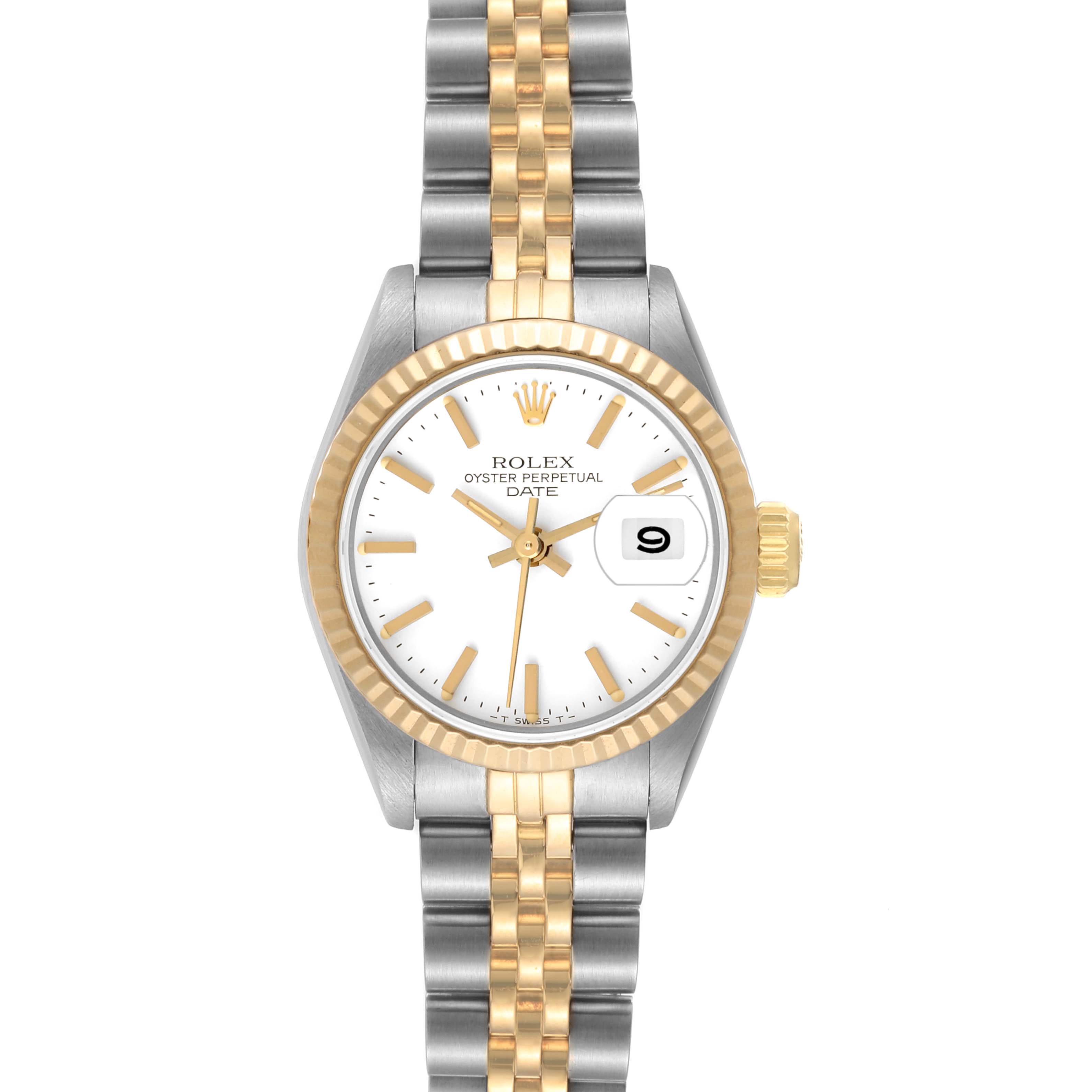 The Rolex Datejust 69173 Women's Steel and Gold (two tone) White Dial 69173 Women's Steel and Gold (two tone) White Dial watch is shown from a top-down angle, displaying the dial, bezel, crown, and two-tone bracelet.