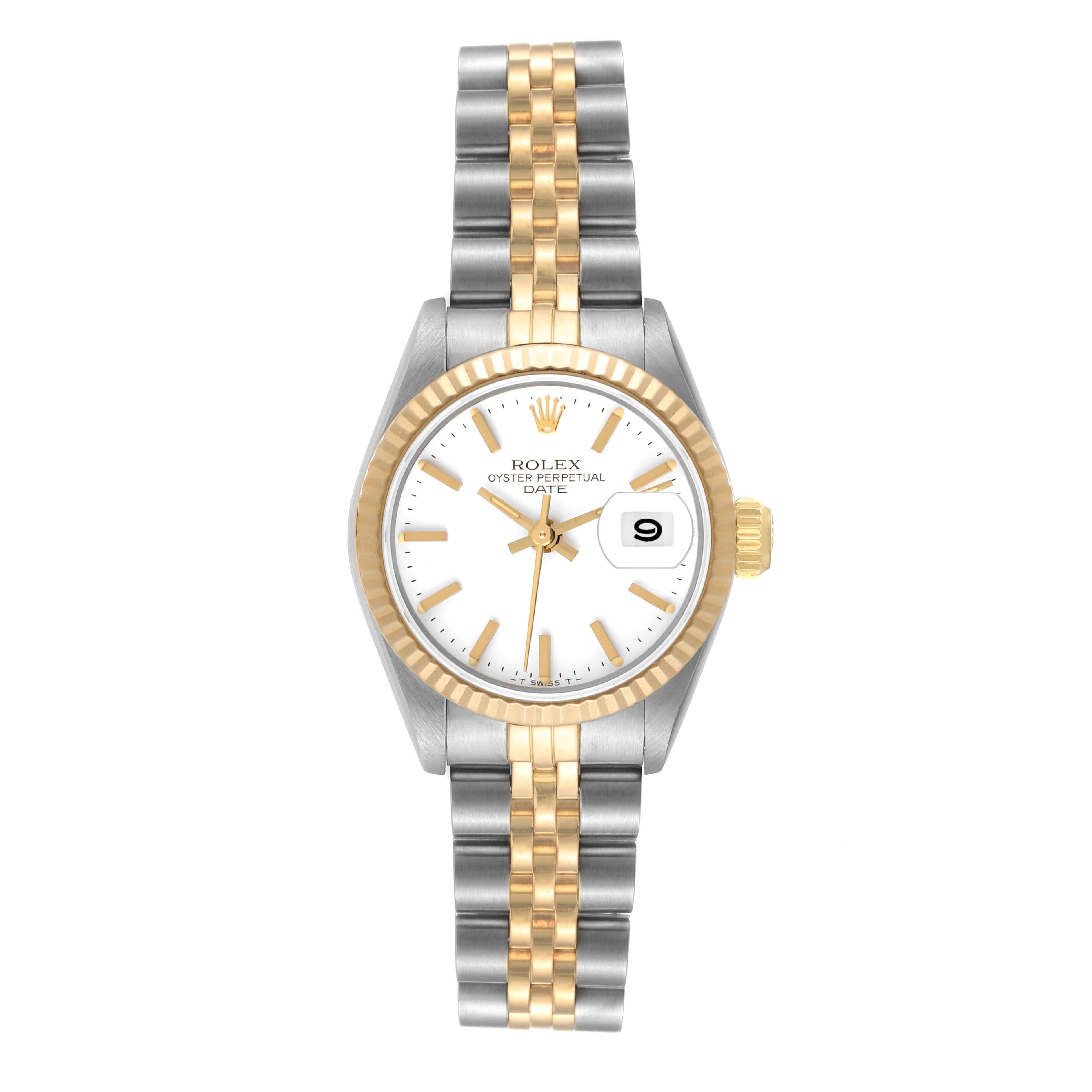 This is a front view of a Rolex Datejust 69173 Women's Steel and Gold (two tone) White Dial 69173 Women's Steel and Gold (two tone) White Dial watch displaying its two-tone band, fluted bezel, and date display.