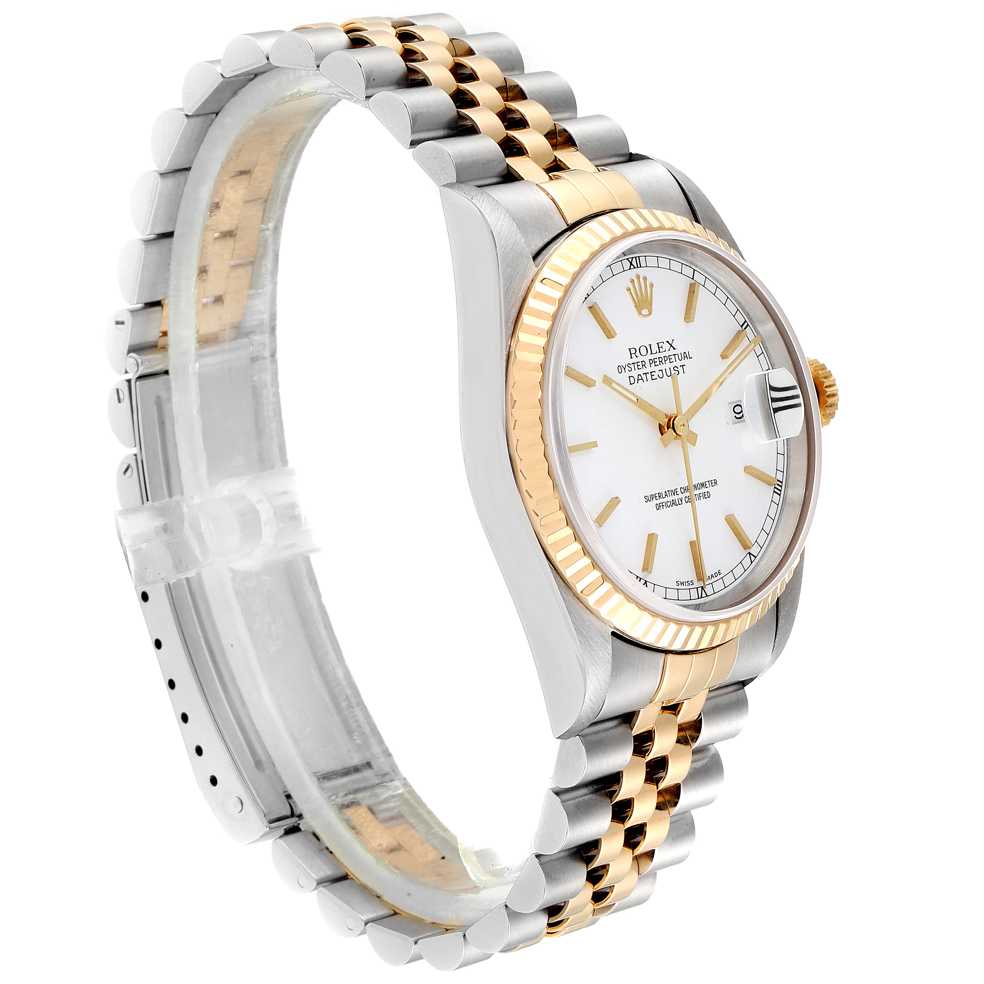 The image shows a Rolex Datejust 16233 Men
s Steel and Gold (two tone) White Dial 16233 Men
s Steel and Gold (two tone) White Dial watch at a side angle, highlighting its gold and silver two-tone bracelet, white dial, and fluted bezel.