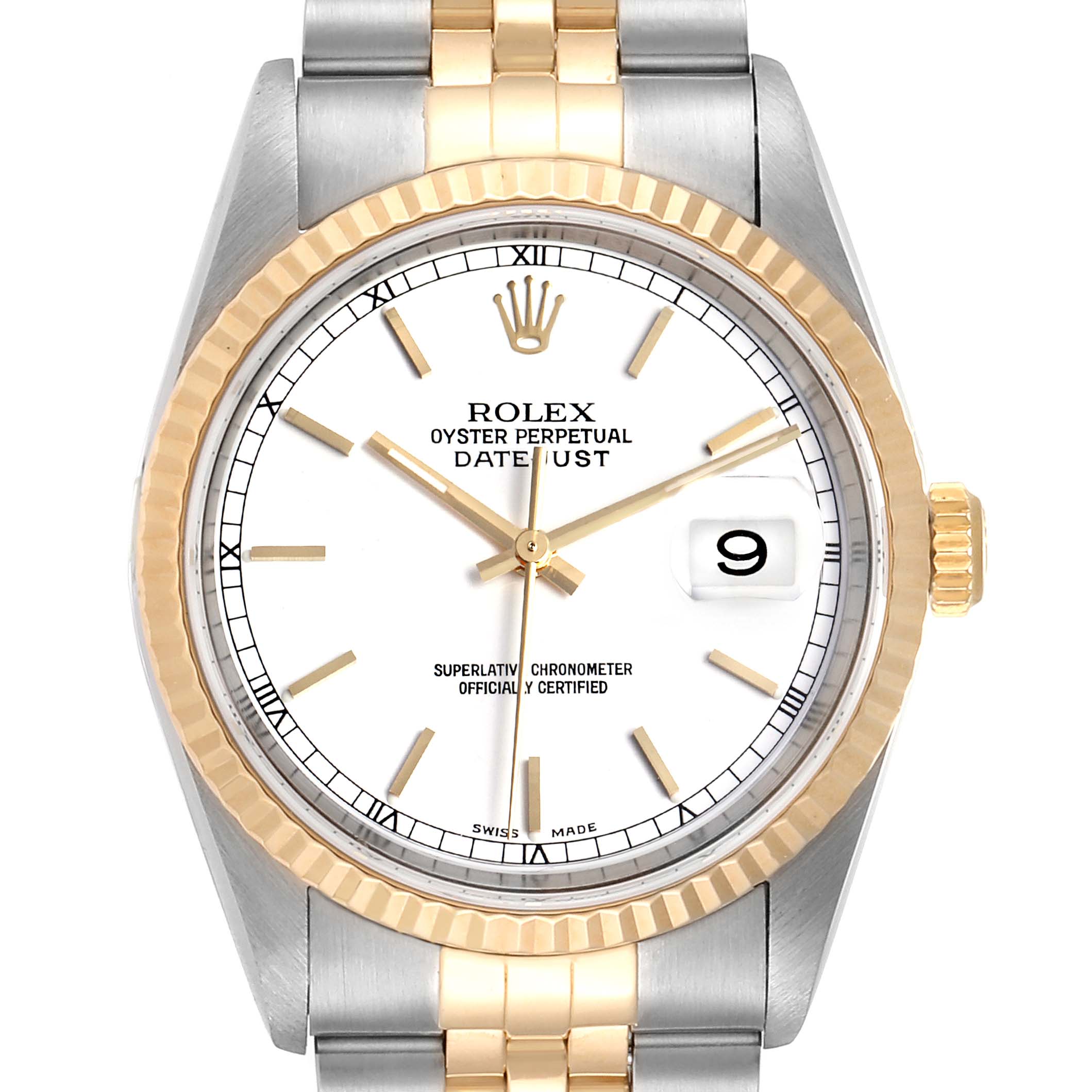 The image shows a front view of a Rolex Datejust 16233 Men
s Steel and Gold (two tone) White Dial 16233 Men
s Steel and Gold (two tone) White Dial watch, highlighting the dial, bezel, crown, and part of the bracelet.
