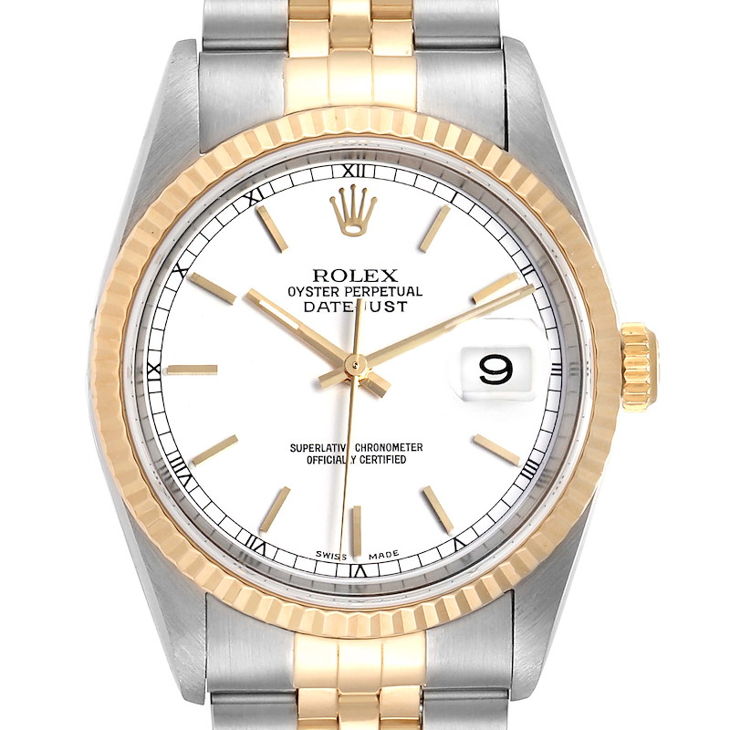 The image shows a front view of a Rolex Datejust watch, highlighting the dial, bezel, crown, and part of the bracelet.