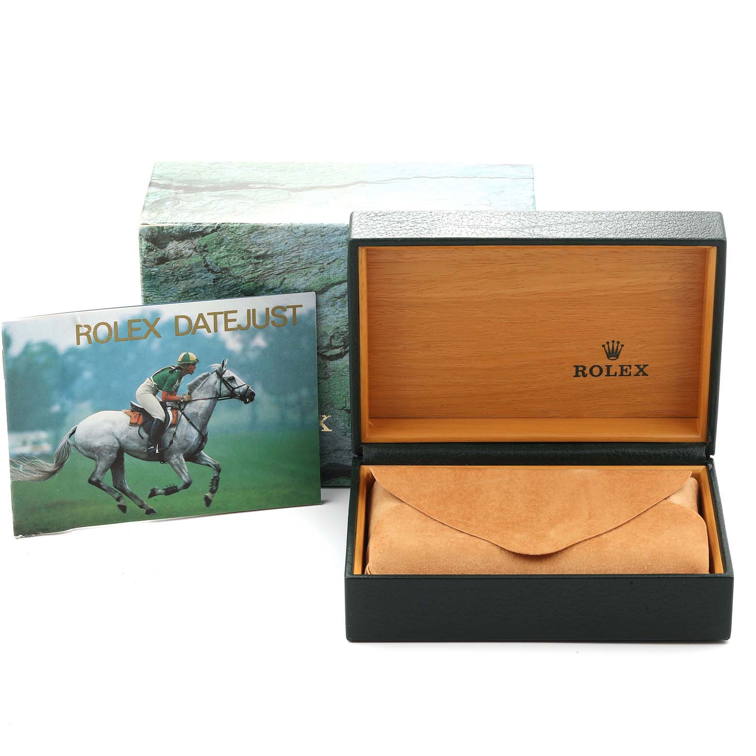 The image shows the Rolex Datejust 16233 Men
s Steel and Gold (two tone) White Dial 16233 Men
s Steel and Gold (two tone) White Dial watch box, an outer box, and a booklet.