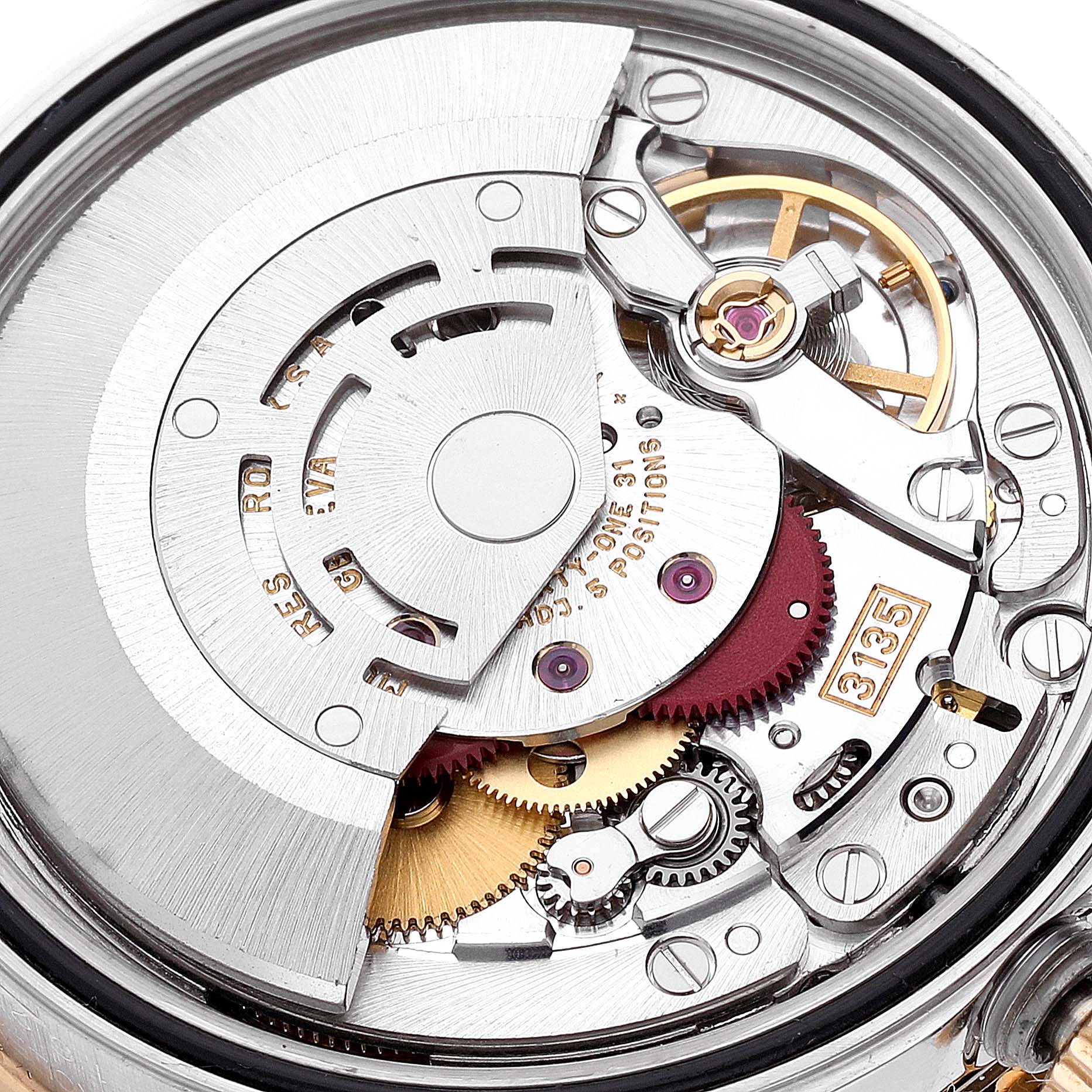 The image shows the intricate movement and mechanical components of the Rolex Turn-o-Graph 16263 Men
s Steel and Gold (two tone) White Dial 16263 Men
s Steel and Gold (two tone) White Dial watch from a back angle.