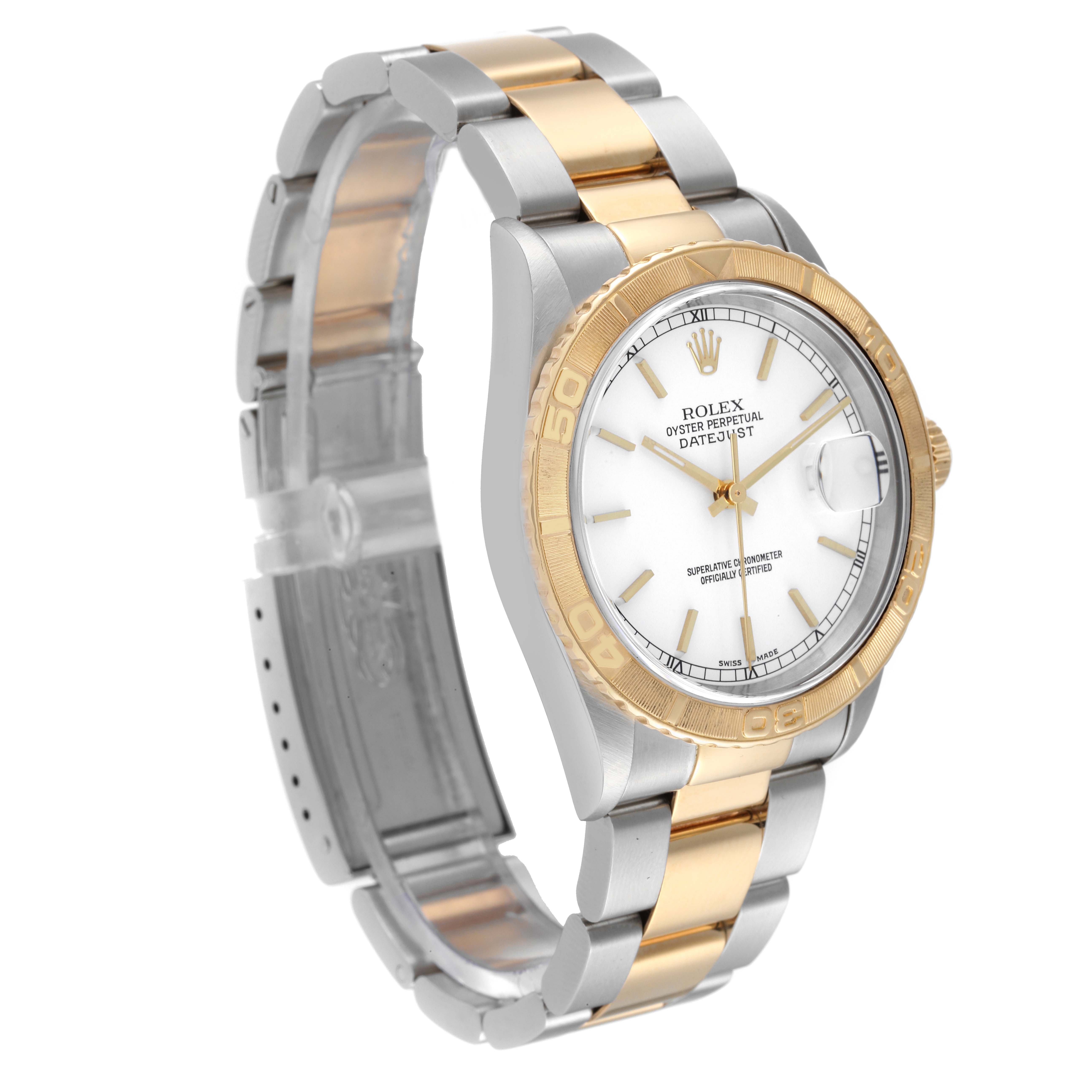 The image shows a Rolex Turn-o-Graph 16263 Men
s Steel and Gold (two tone) White Dial 16263 Men
s Steel and Gold (two tone) White Dial watch from a three-quarter angle, displaying its face, bezel, and bracelet.