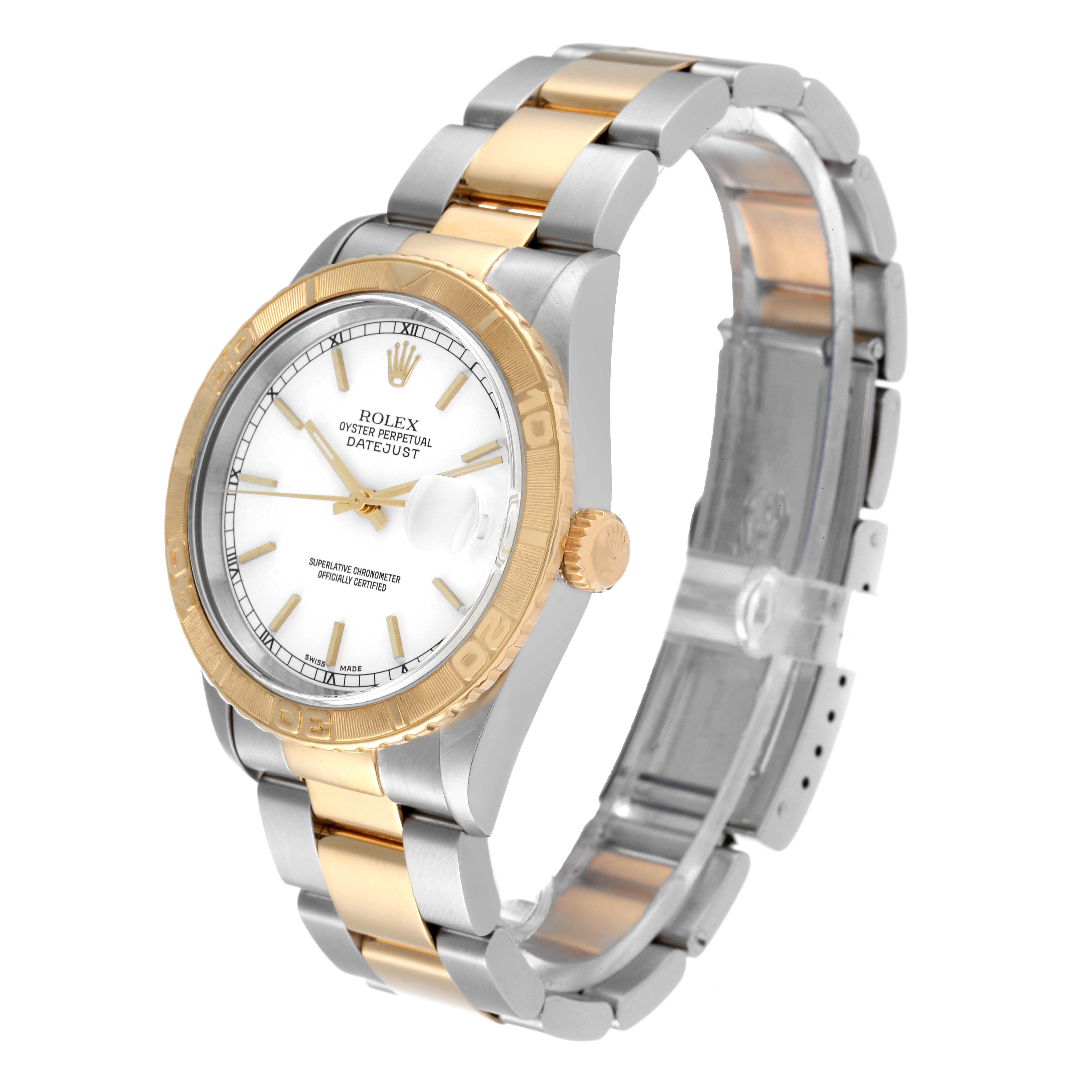 This image shows a Rolex Turn-o-Graph 16263 Men
s Steel and Gold (two tone) White Dial 16263 Men
s Steel and Gold (two tone) White Dial watch at a three-quarter angle, displaying the dial, bezel, crown, and metal bracelet.