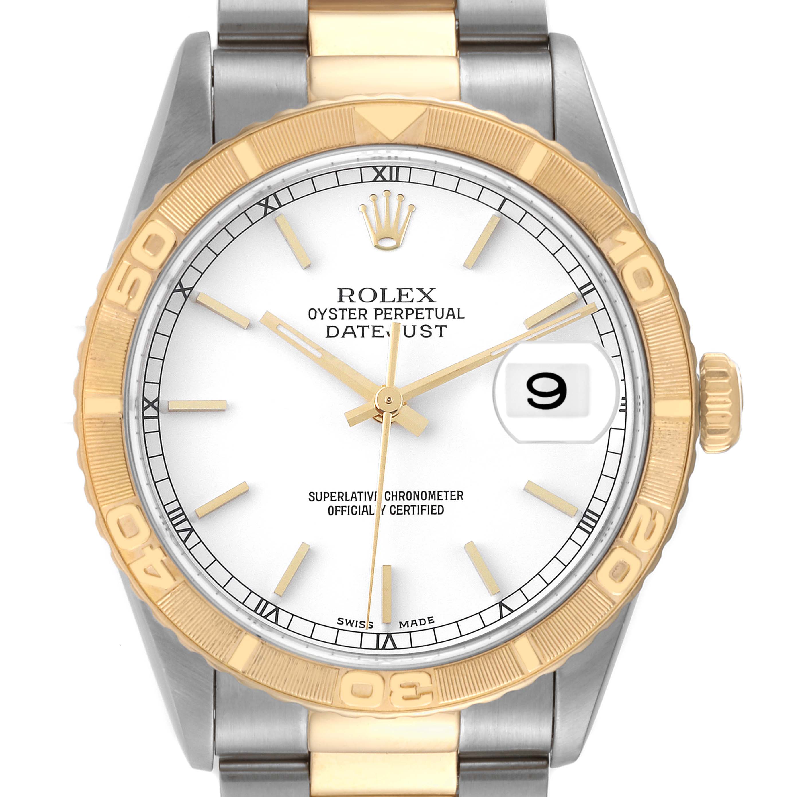 This image shows the face and bracelet of the Rolex Turn-o-Graph 16263 Men
s Steel and Gold (two tone) White Dial 16263 Men
s Steel and Gold (two tone) White Dial watch from the front angle.