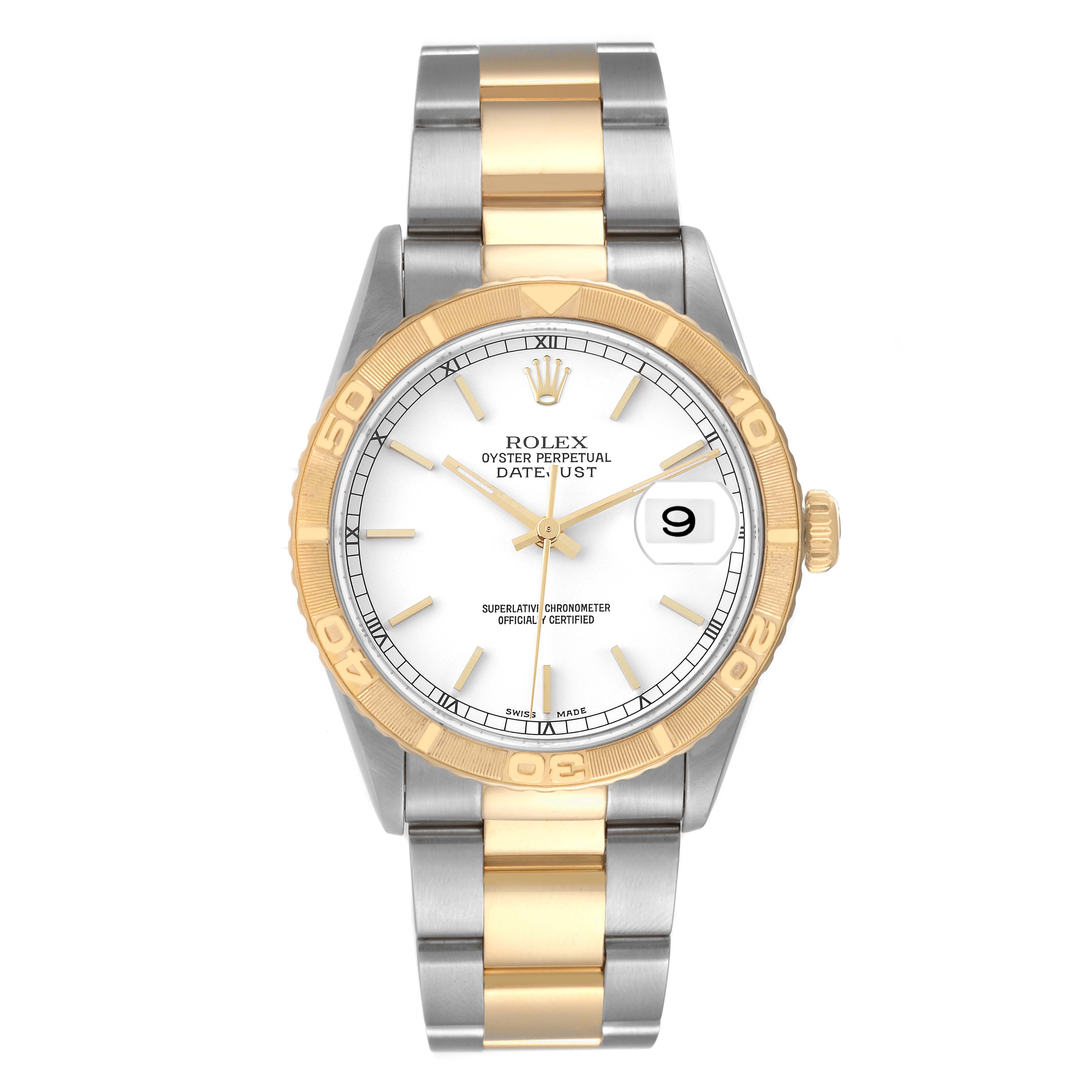 The image shows a front view of a Rolex Turn-o-Graph 16263 Men
s Steel and Gold (two tone) White Dial 16263 Men
s Steel and Gold (two tone) White Dial watch with a two-tone metal bracelet.