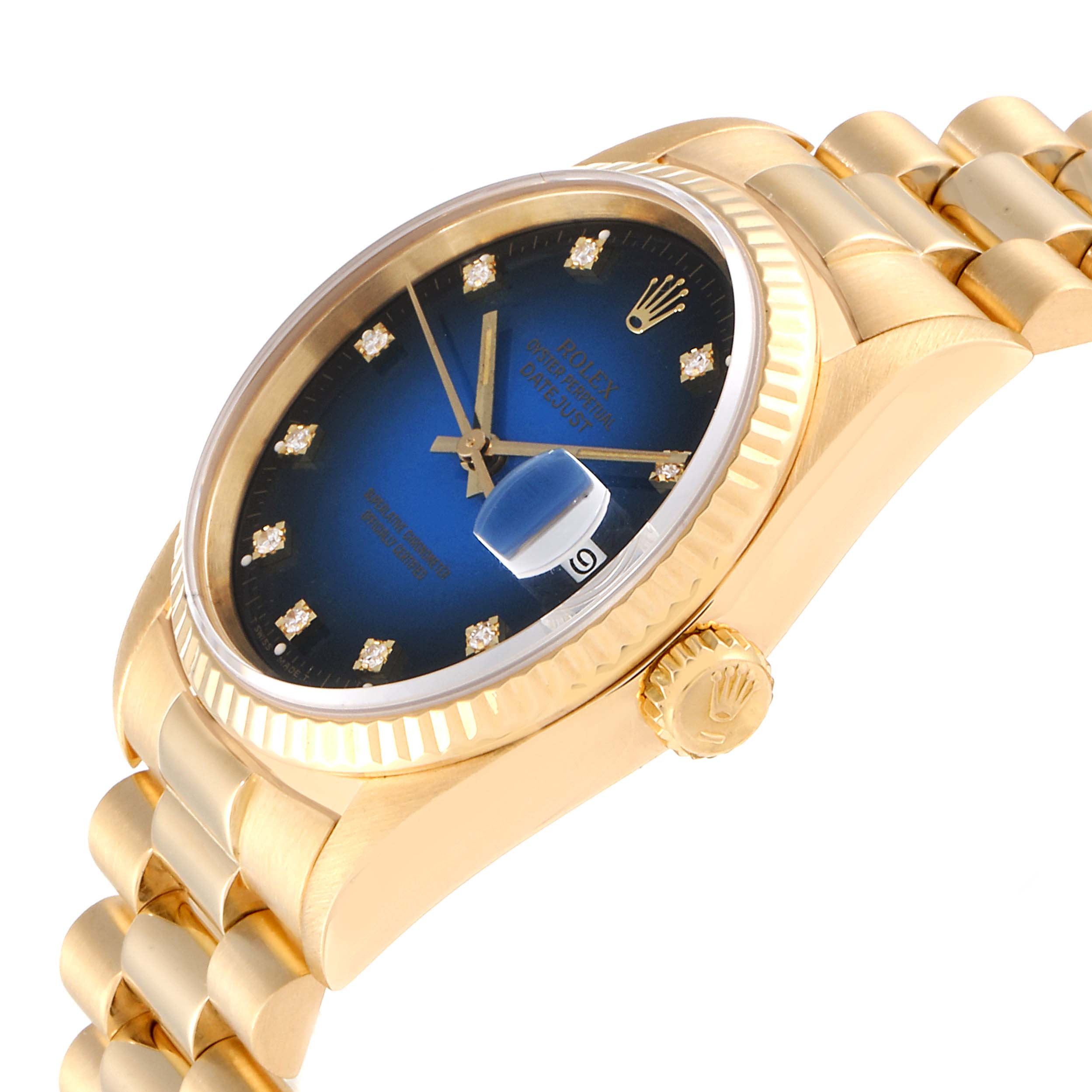 The image shows a side-angle view of the Rolex President 16238 Men's Yellow Gold Blue Dial 16238 Men's Yellow Gold Blue Dial watch model, highlighting its blue dial, gold case, and bracelet.