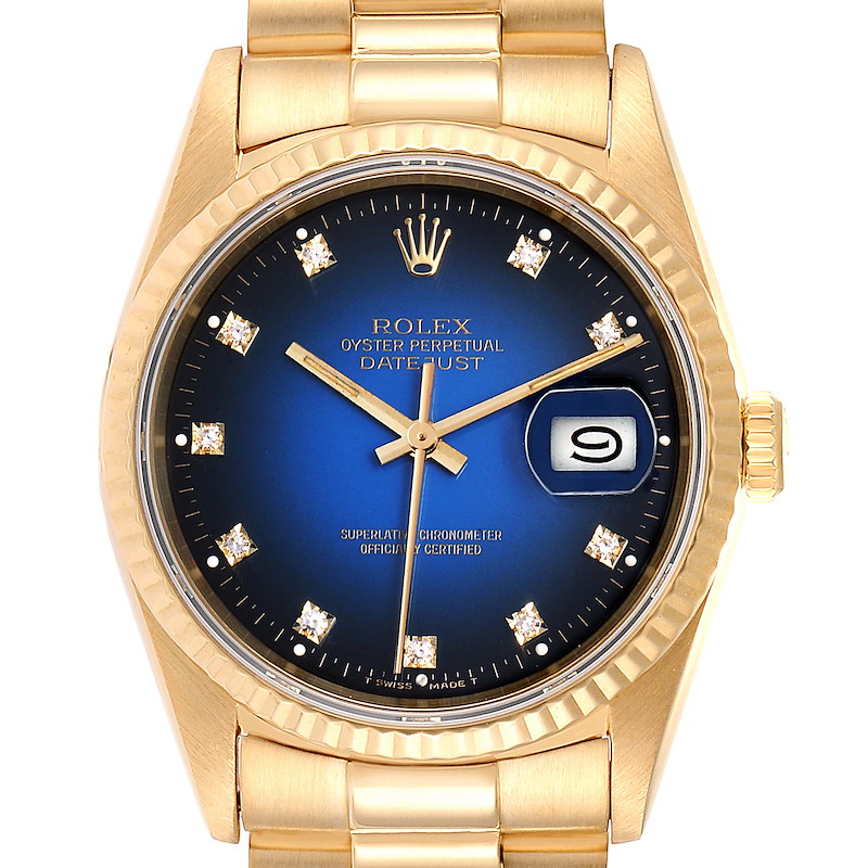 Rolex Datejust Yellow Gold Blue Vignette Diamond Dial Mens Watch 16238 SwissWatchExpo