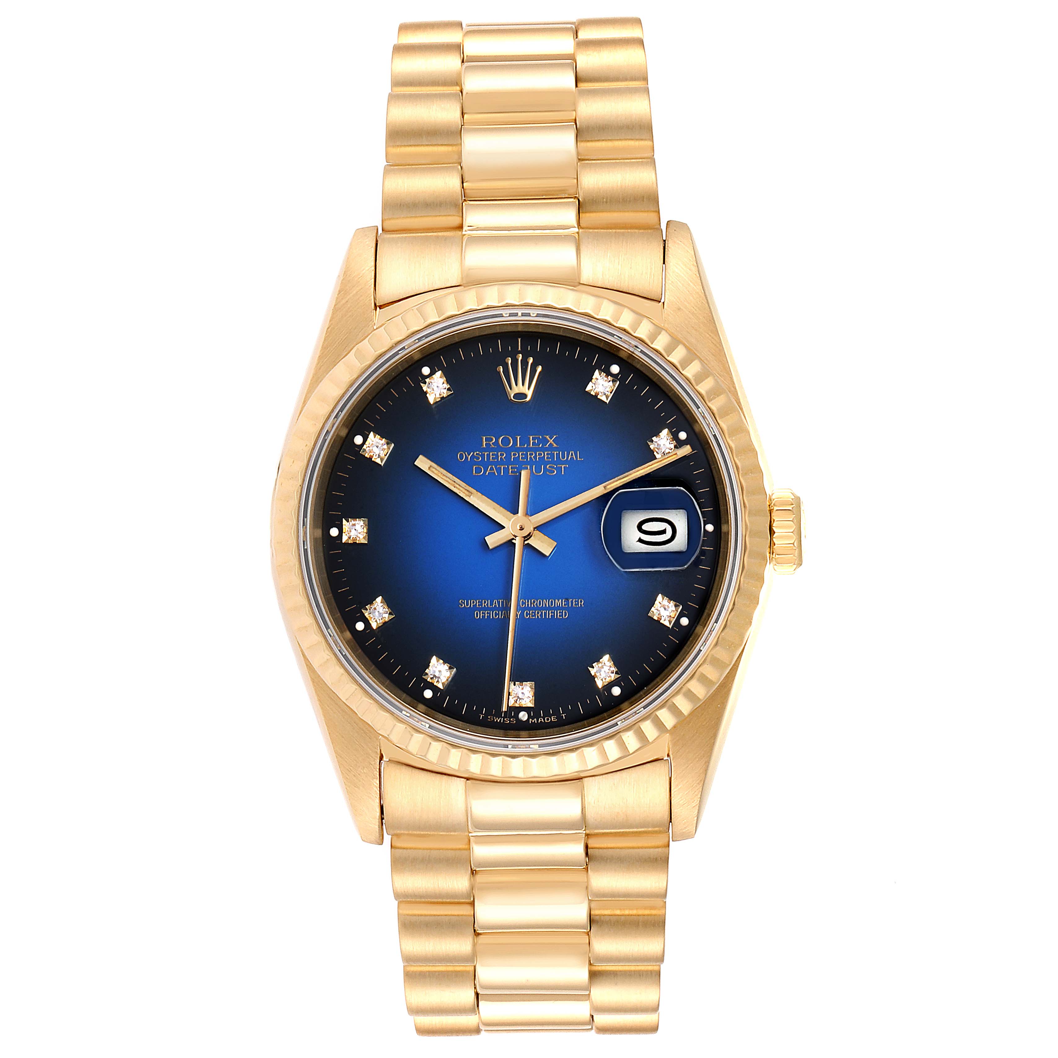 The image shows a frontal view of the Rolex President 16238 Men's Yellow Gold Blue Dial 16238 Men's Yellow Gold Blue Dial Datejust watch, highlighting its blue dial, gold band, and fluted bezel.