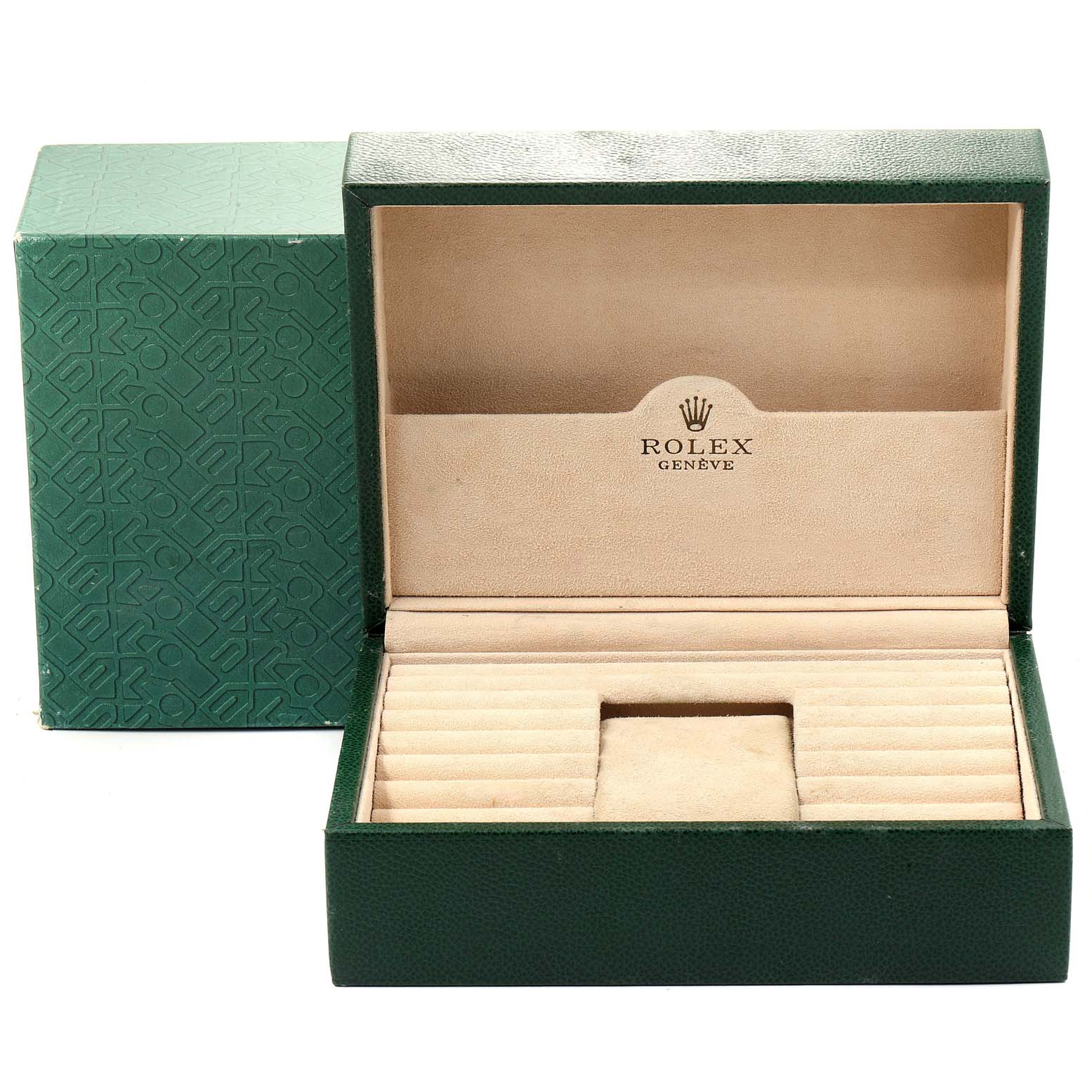 This image shows an open watch box for the Rolex President 16238 Men's Yellow Gold Blue Dial 16238 Men's Yellow Gold Blue Dial model, with a beige interior and green exterior.