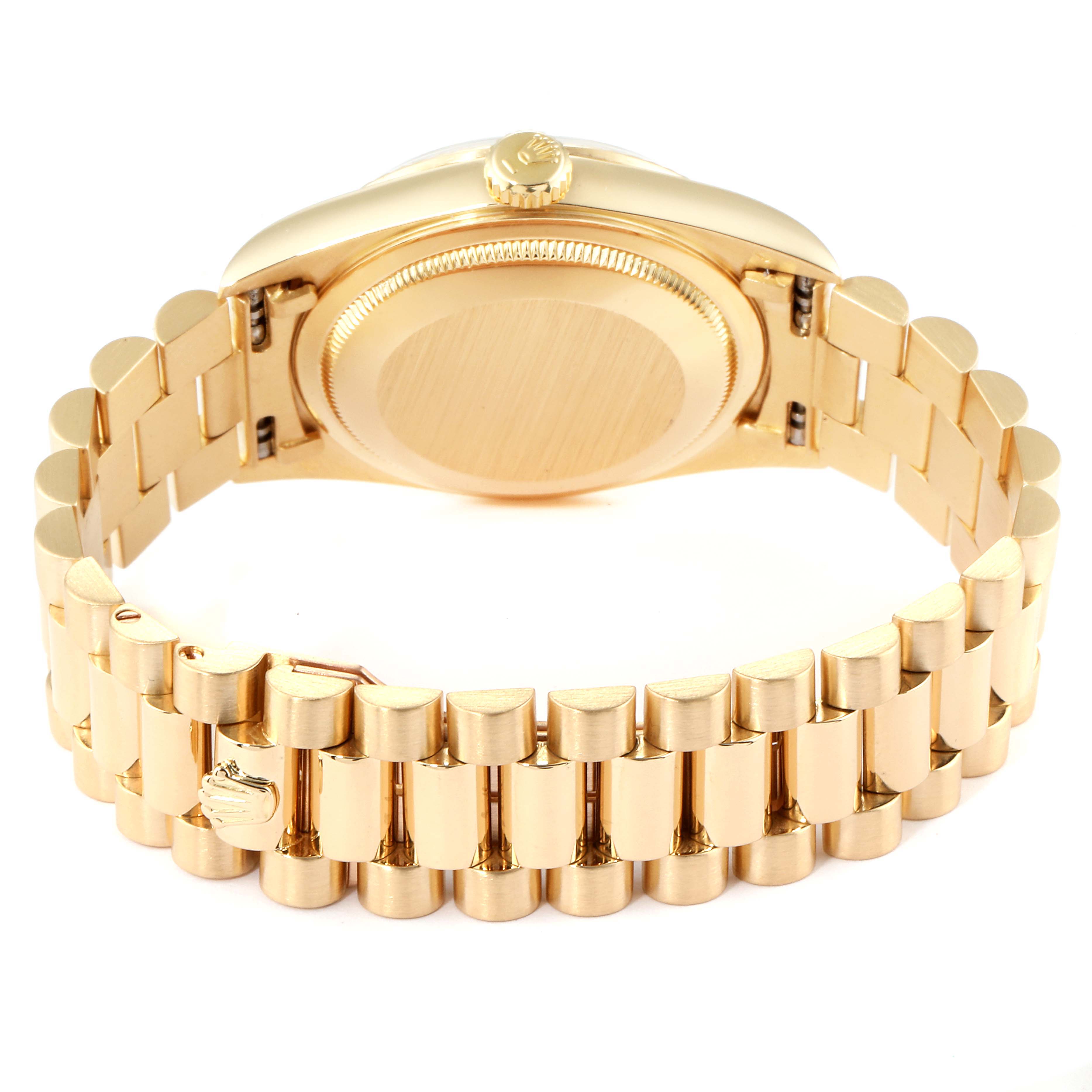 This image shows the back and bracelet of a Rolex President 16238 Men's Yellow Gold Blue Dial 16238 Men's Yellow Gold Blue Dial model watch from a rear angle.