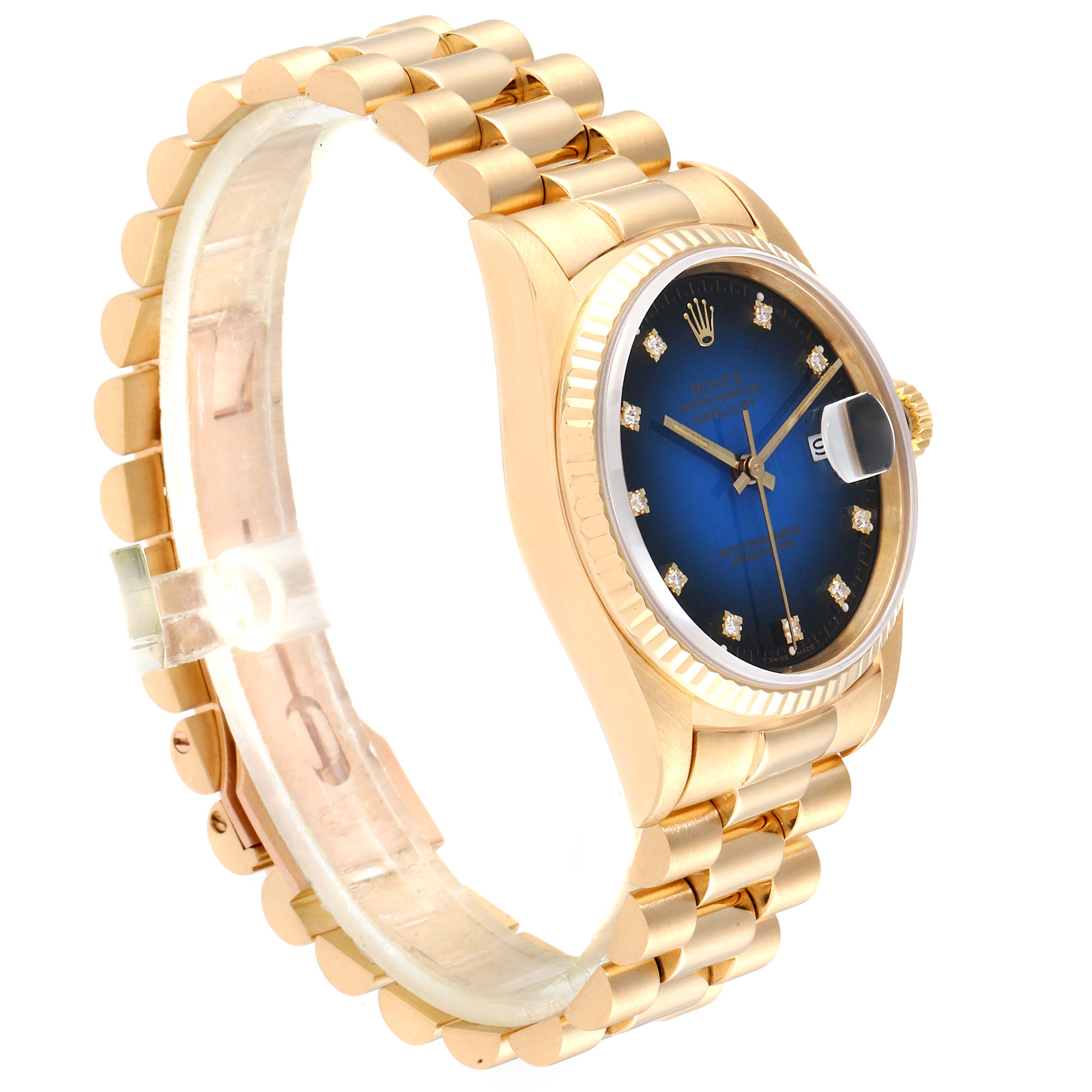 The image shows a side view of a Rolex President 16238 Men's Yellow Gold Blue Dial 16238 Men's Yellow Gold Blue Dial model watch, highlighting its gold bracelet, blue dial, and diamond hour markers.