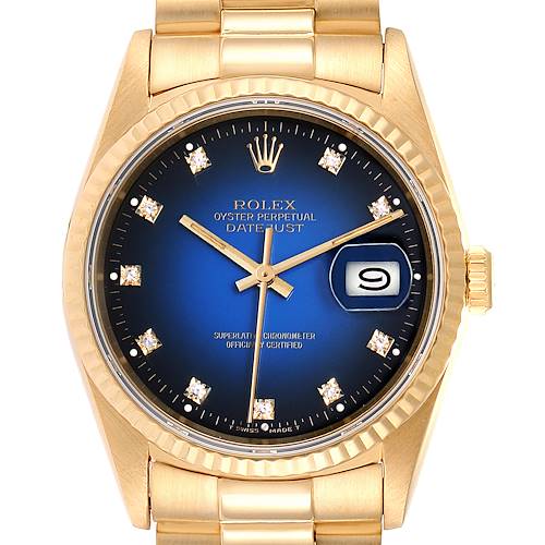 Photo of Rolex Datejust Yellow Gold Blue Vignette Diamond Dial Mens Watch 16238