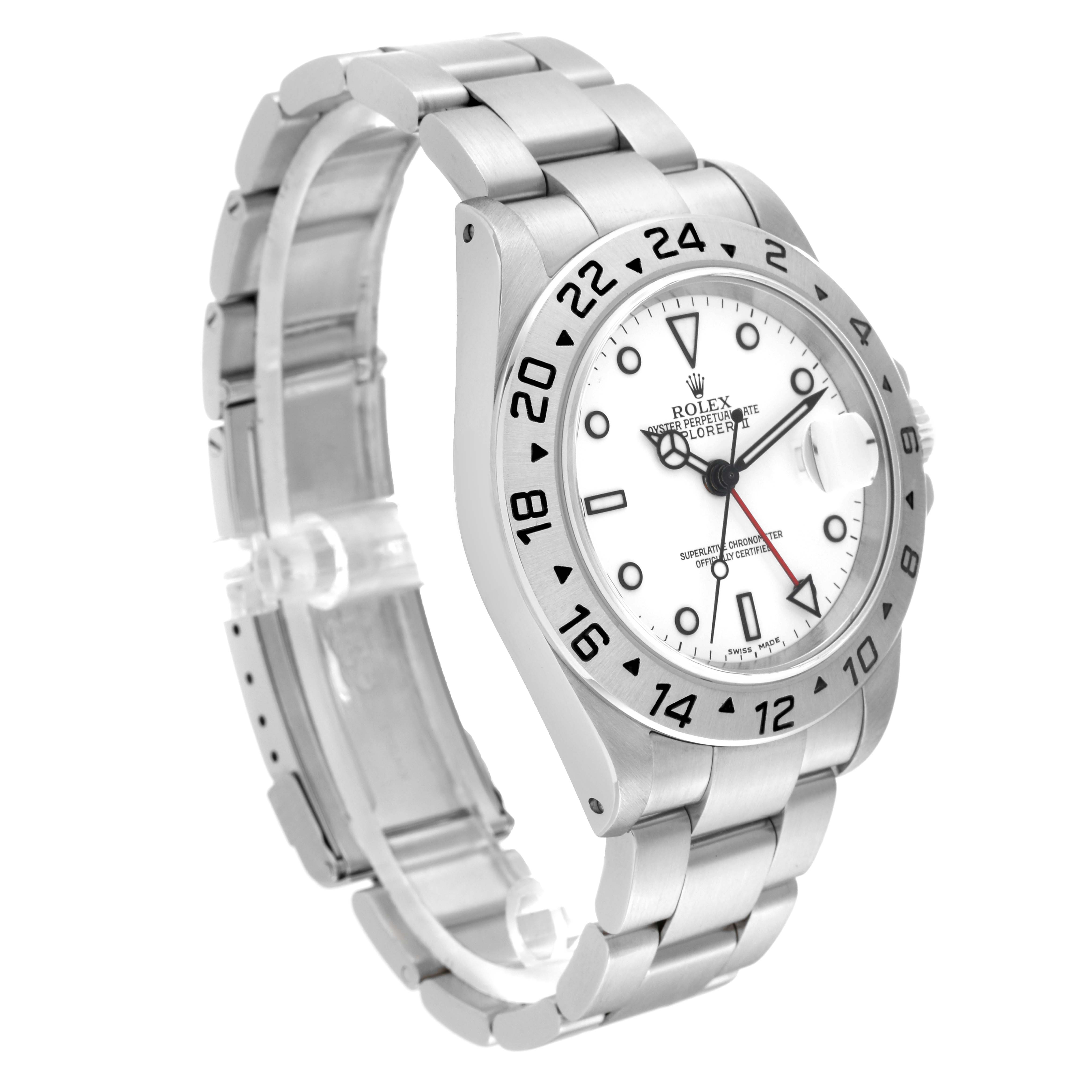 This image shows a side angle of the Rolex Explorer 16570 Men's Stainless Steel White Dial 16570 Men's Stainless Steel White Dial watch, highlighting its stainless steel bracelet, bezel, and dial.