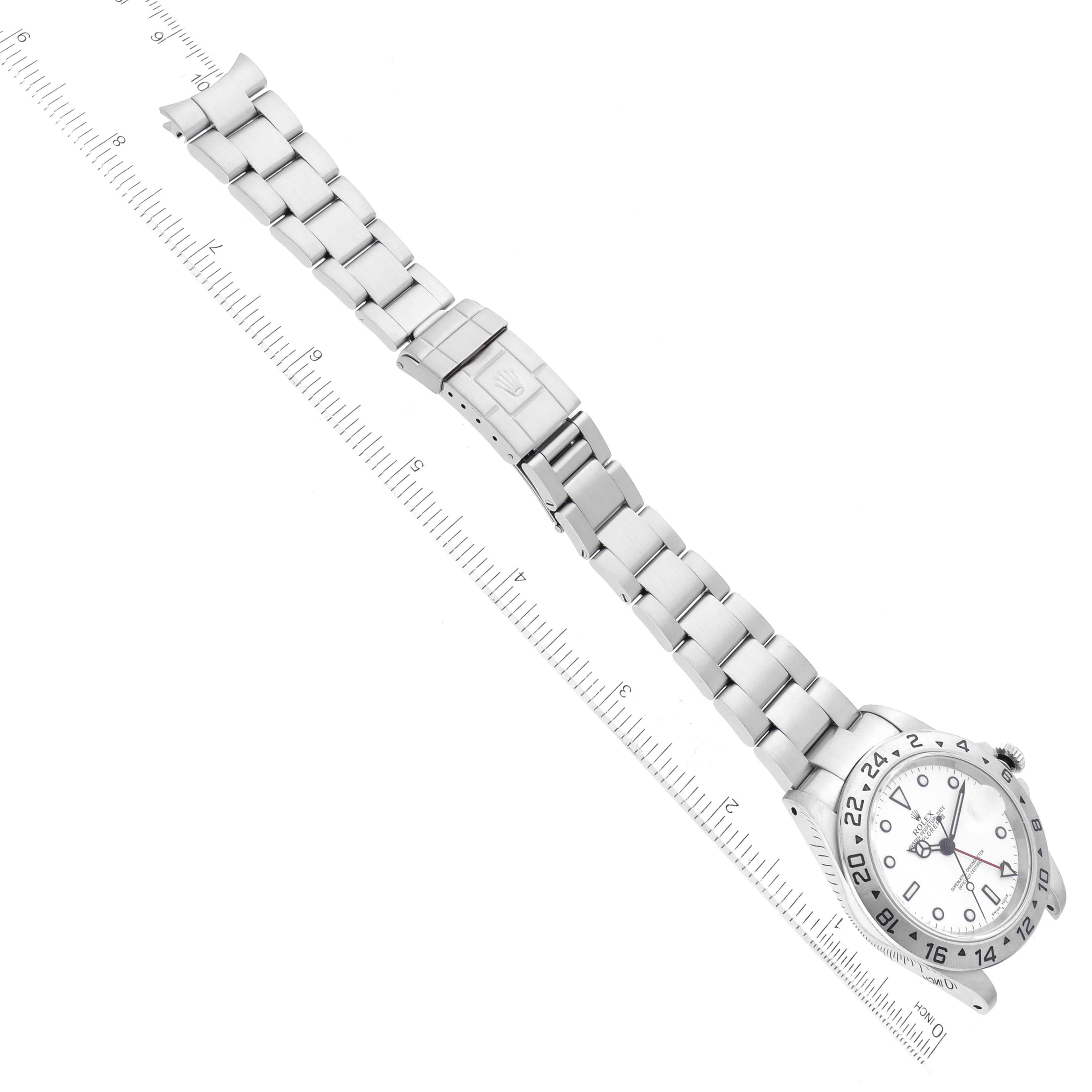 The image shows a Rolex Explorer 16570 Men's Stainless Steel White Dial 16570 Men's Stainless Steel White Dial watch laid flat, revealing the full bracelet, clasp, face, and bezel.