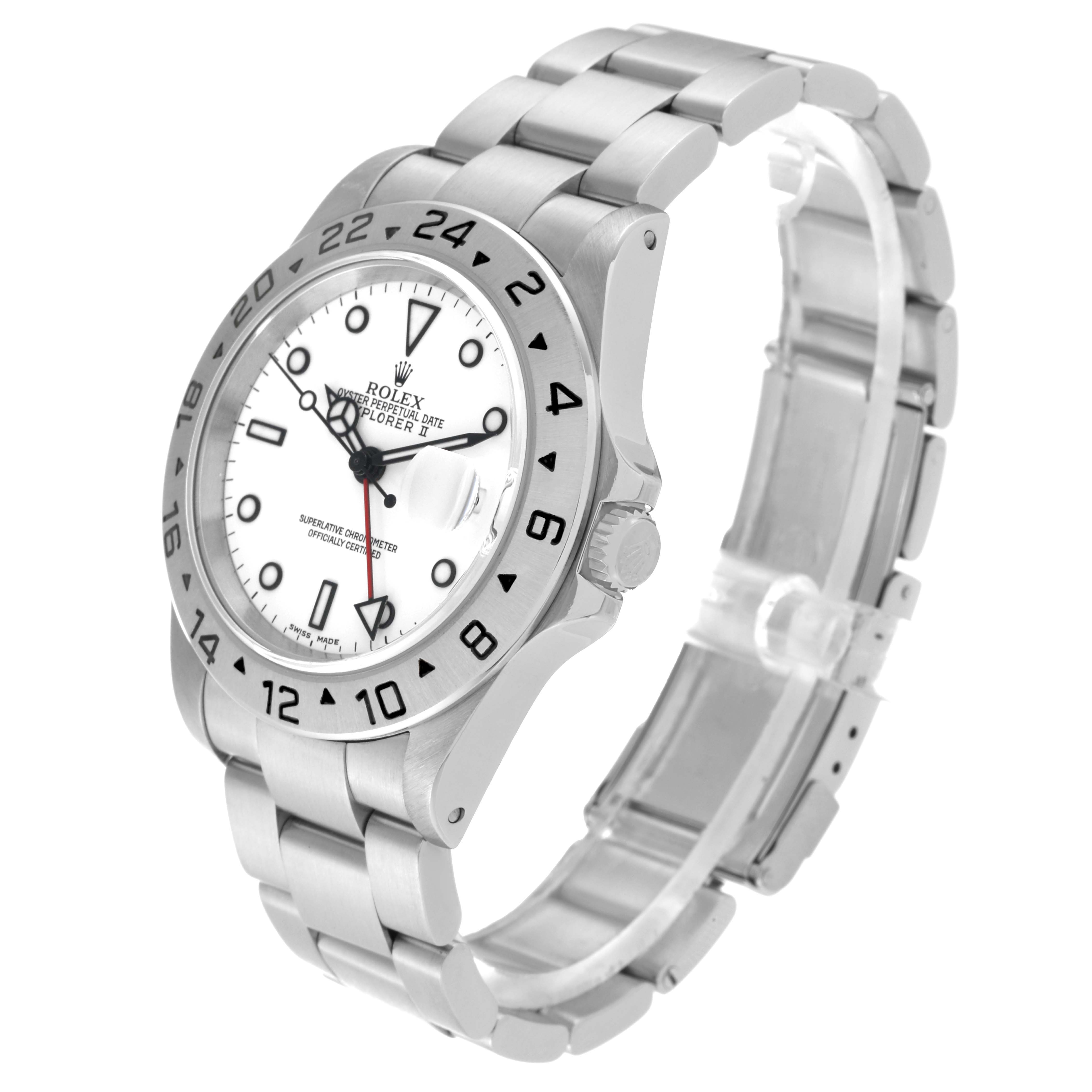 The Rolex Explorer 16570 Men's Stainless Steel White Dial 16570 Men's Stainless Steel White Dial watch is shown at a three-quarter angle, displaying the face, bezel, crown, and bracelet.