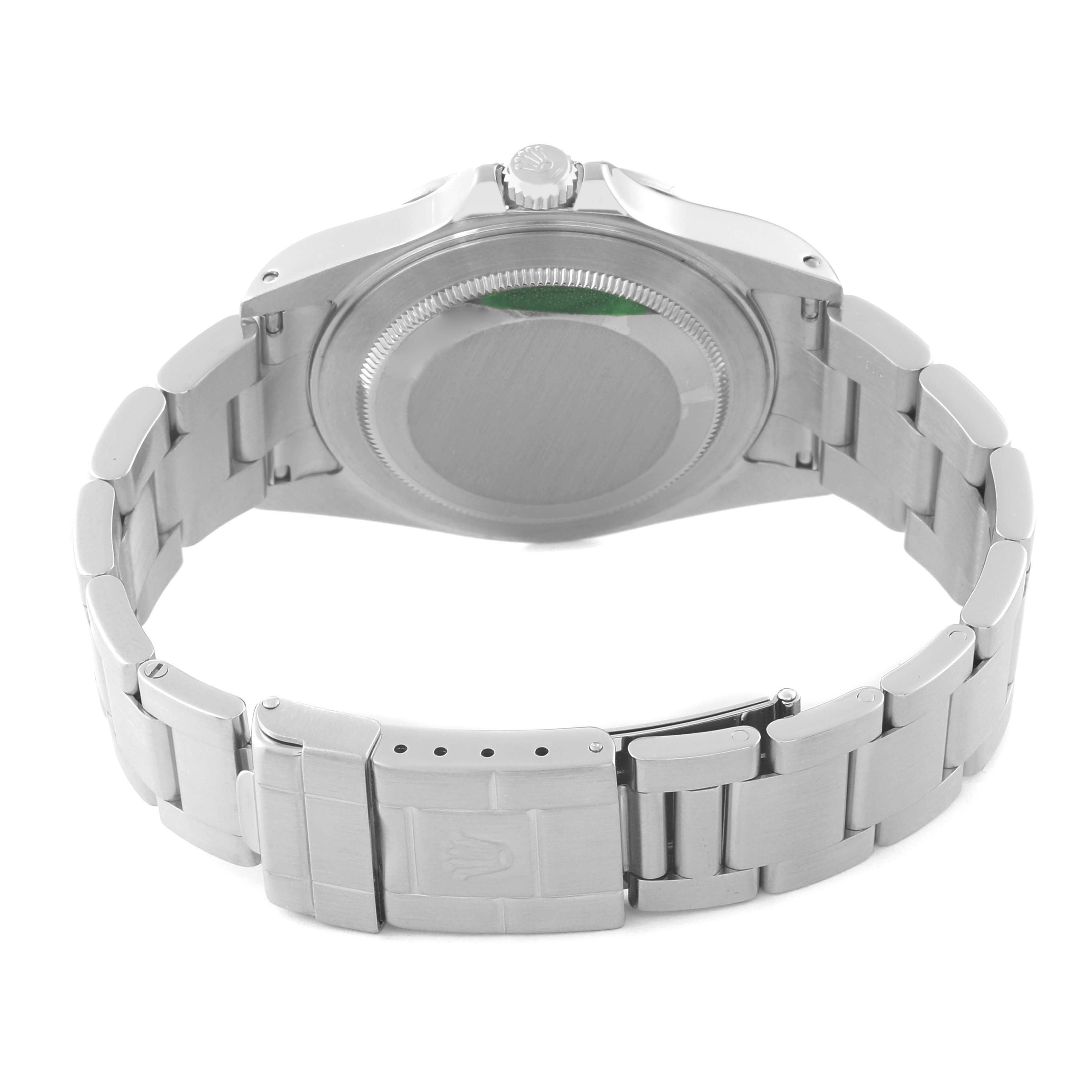The image shows the back view of a Rolex Explorer 16570 Men's Stainless Steel White Dial 16570 Men's Stainless Steel White Dial watch, focusing on the case back, crown, and bracelet with a clasp.