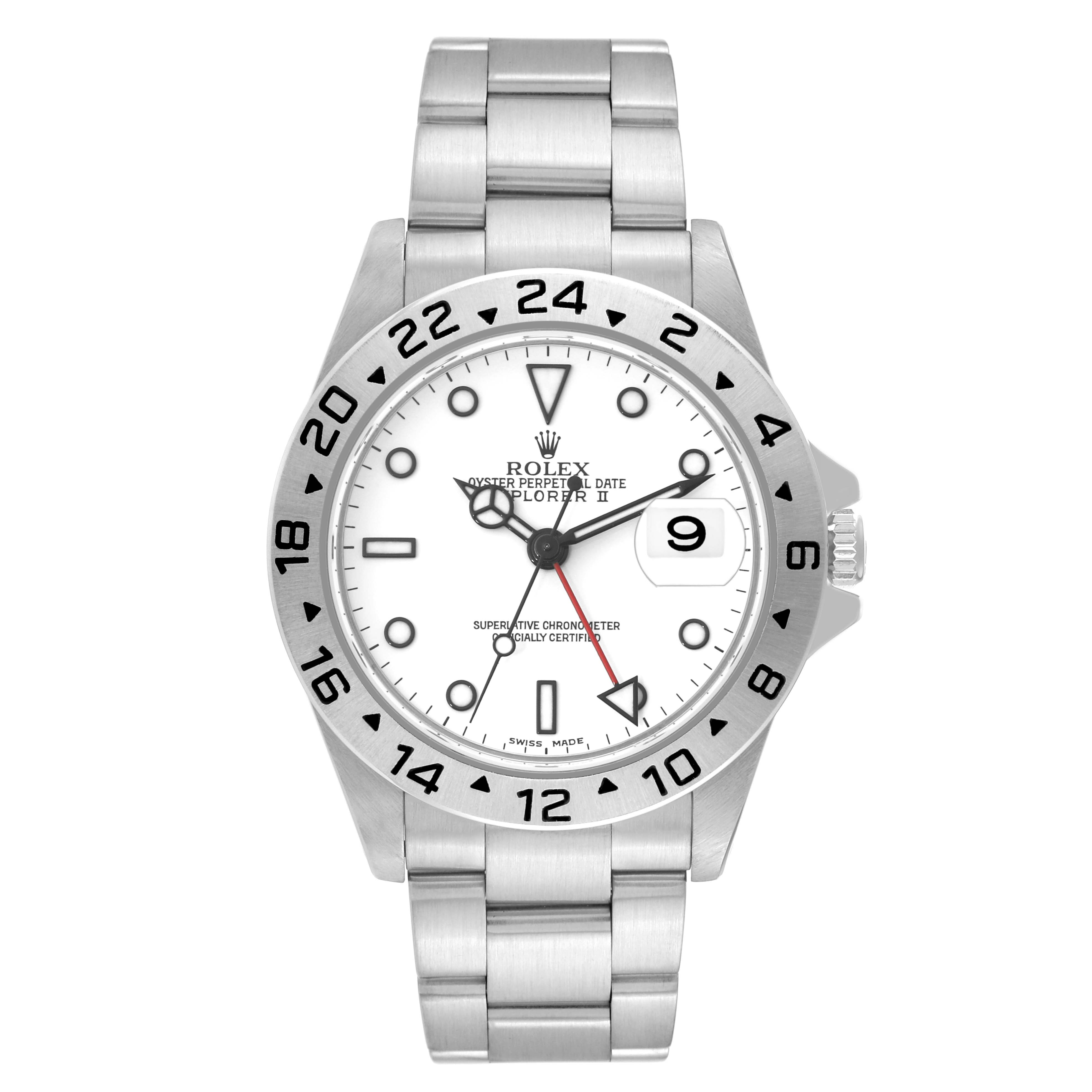 This is a frontal view of a Rolex Explorer 16570 Men's Stainless Steel White Dial 16570 Men's Stainless Steel White Dial watch, showcasing the dial, bezel, and bracelet.