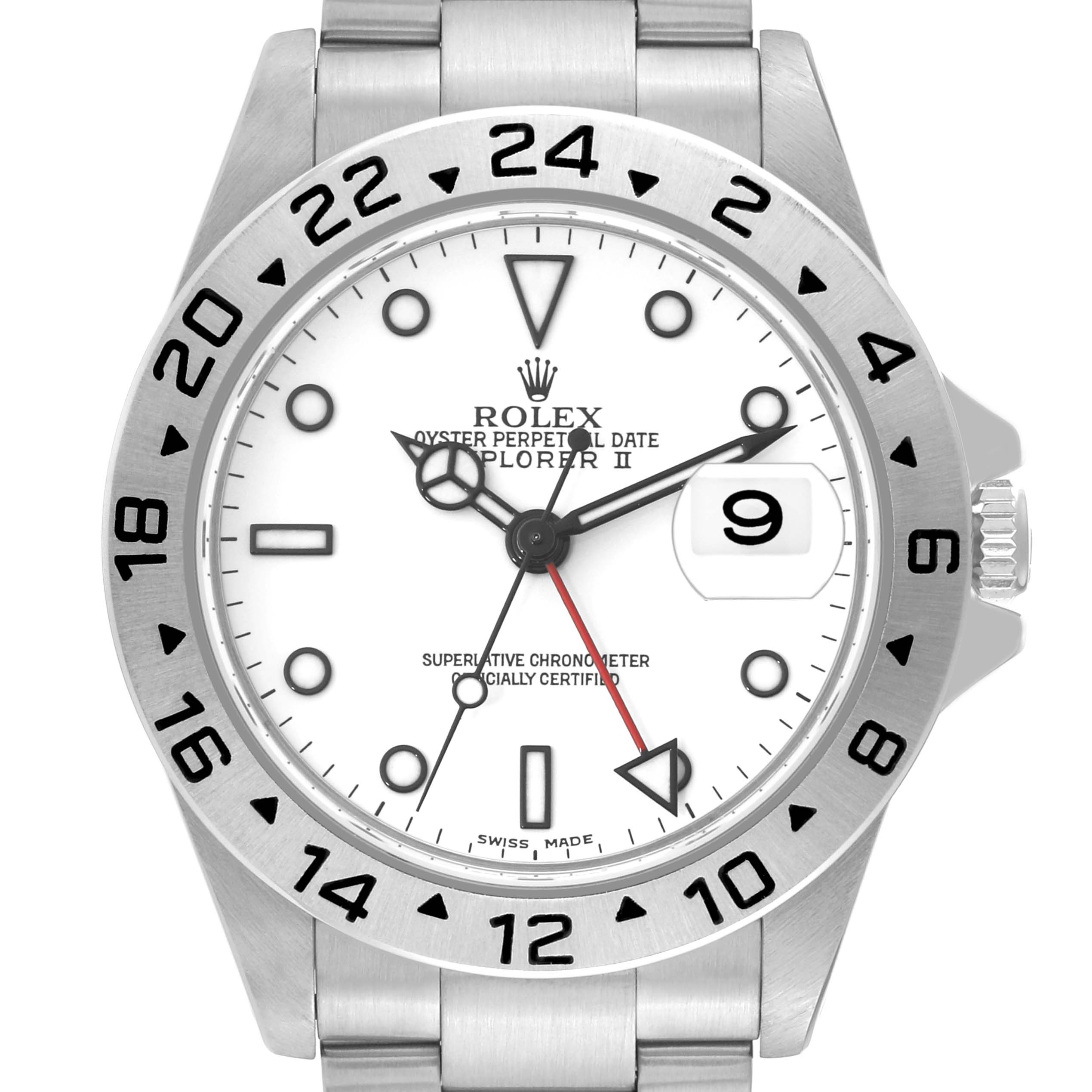 This image shows a front view of the Rolex Explorer 16570 Men's Stainless Steel White Dial 16570 Men's Stainless Steel White Dial watch, highlighting the dial, bezel, and bracelet.