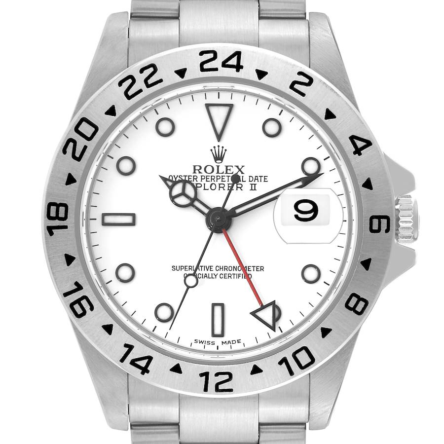 This image shows a front view of the Rolex Explorer II watch, highlighting the dial, bezel, and bracelet.