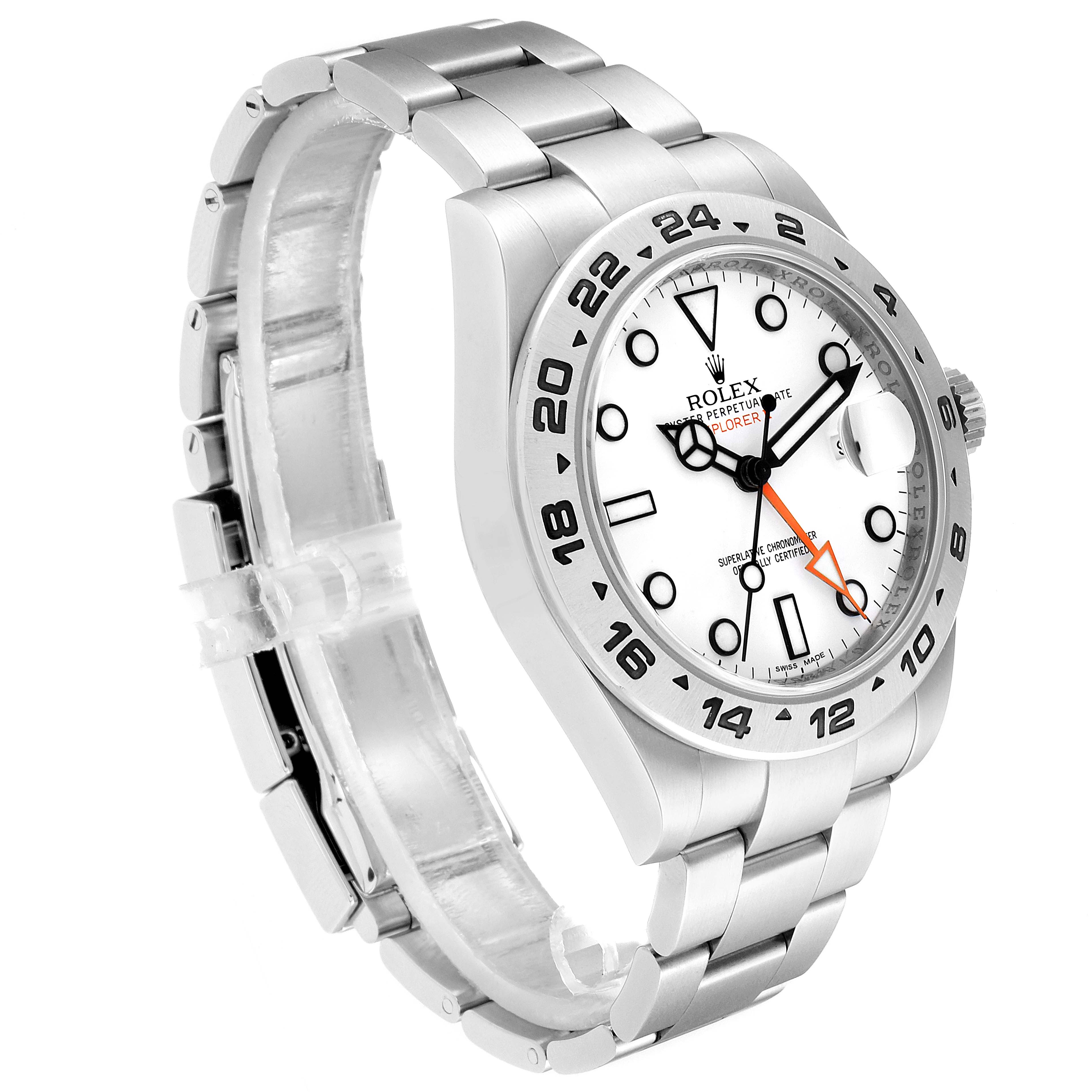 The image shows the Rolex Explorer 216570 Men
s Stainless Steel White Dial 216570 Men
s Stainless Steel White Dial watch at a three-quarter angle, highlighting the face, bezel, and metal bracelet.