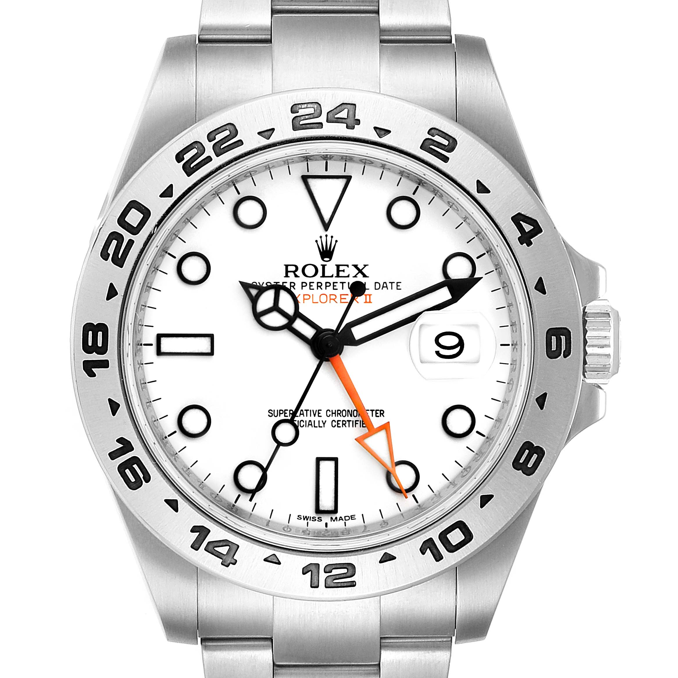 This image features a front view of the Rolex Explorer 216570 Men
s Stainless Steel White Dial 216570 Men
s Stainless Steel White Dial watch, showing the dial, bezel, hands, and bracelet.