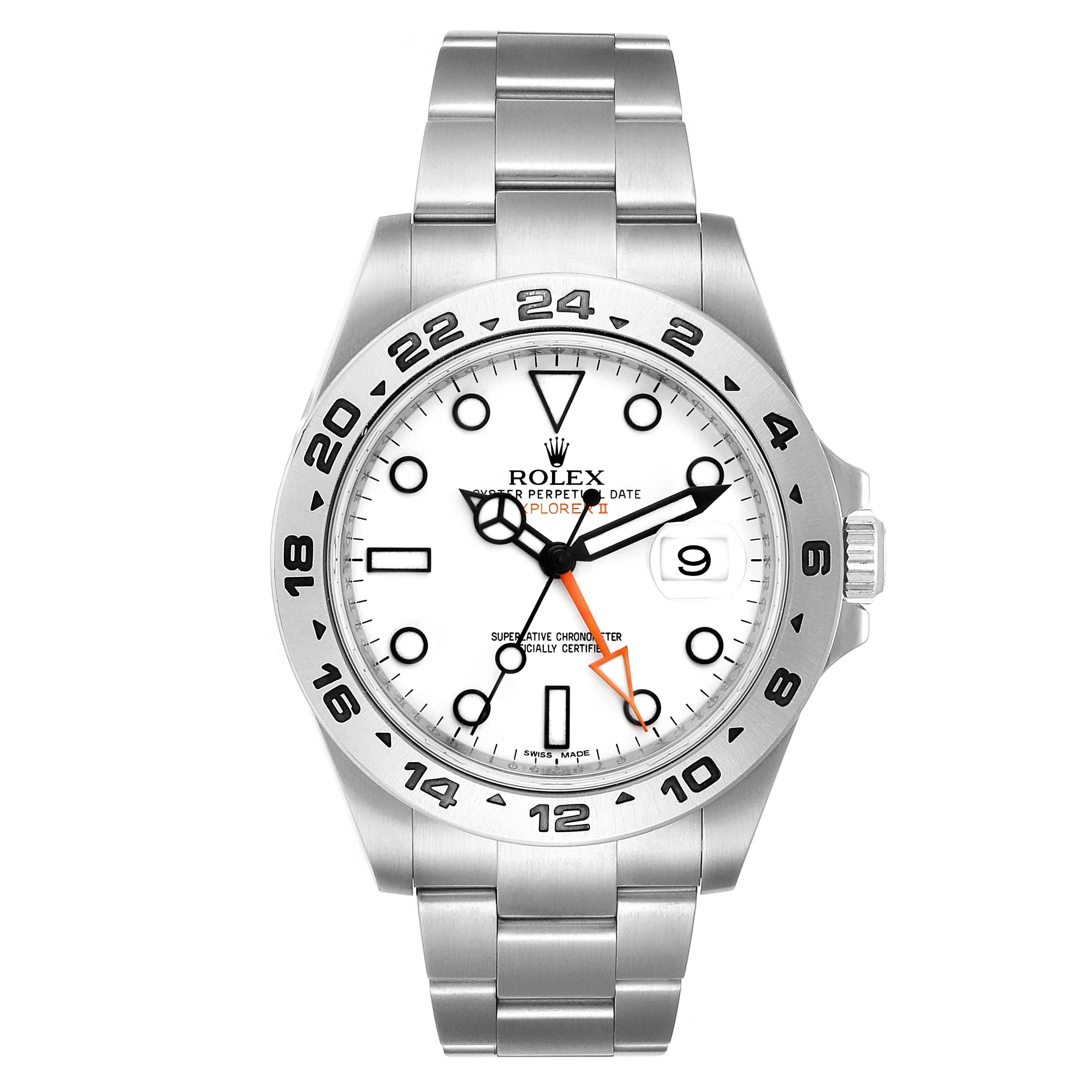 The Rolex Explorer 216570 Men
s Stainless Steel White Dial 216570 Men
s Stainless Steel White Dial watch is shown from a front angle, displaying the dial, bezel, bracelet, and crown.
