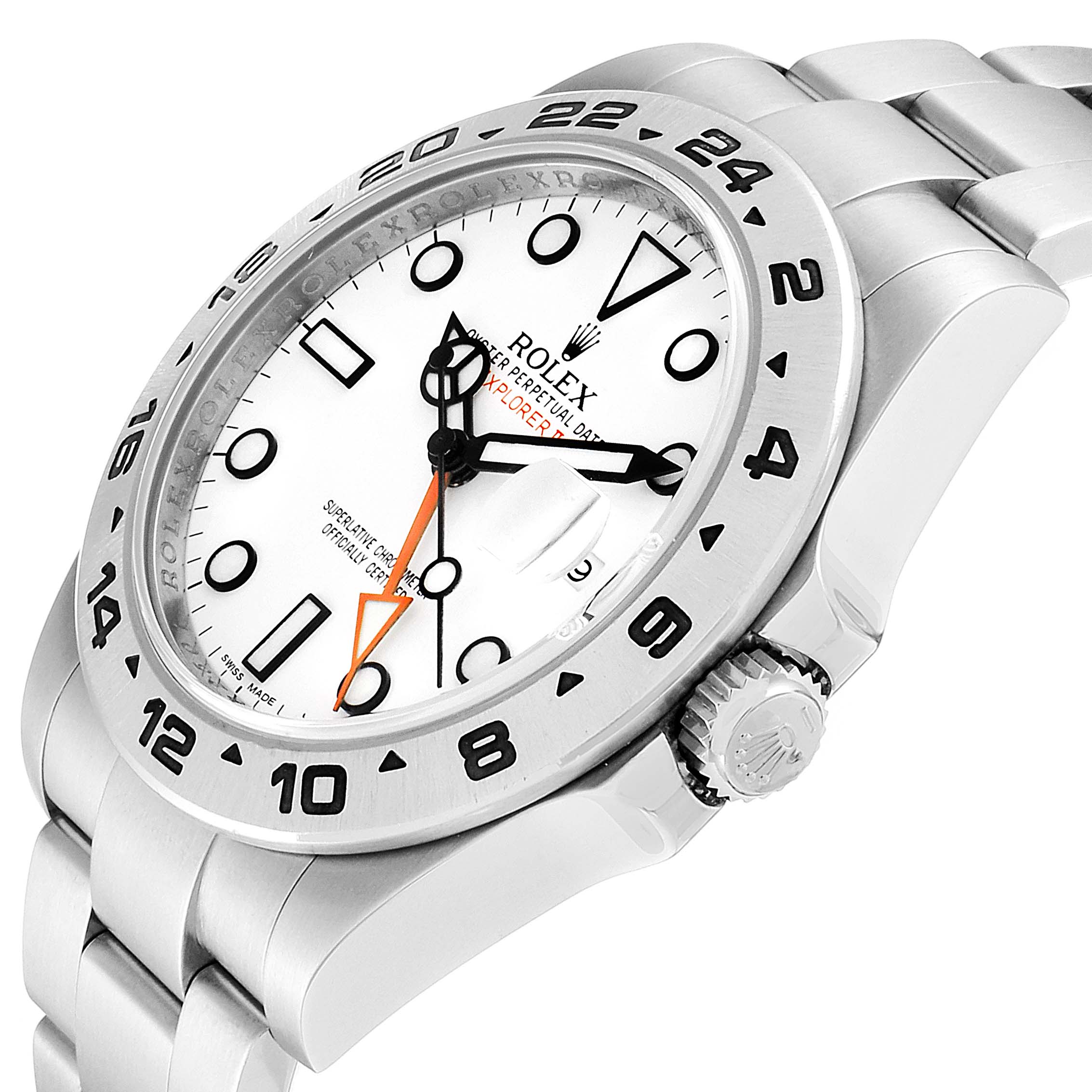 The image shows a side-angle view of the Rolex Explorer 216570 Men
s Stainless Steel White Dial 216570 Men
s Stainless Steel White Dial watch, highlighting its dial, bezel, and a portion of the bracelet.