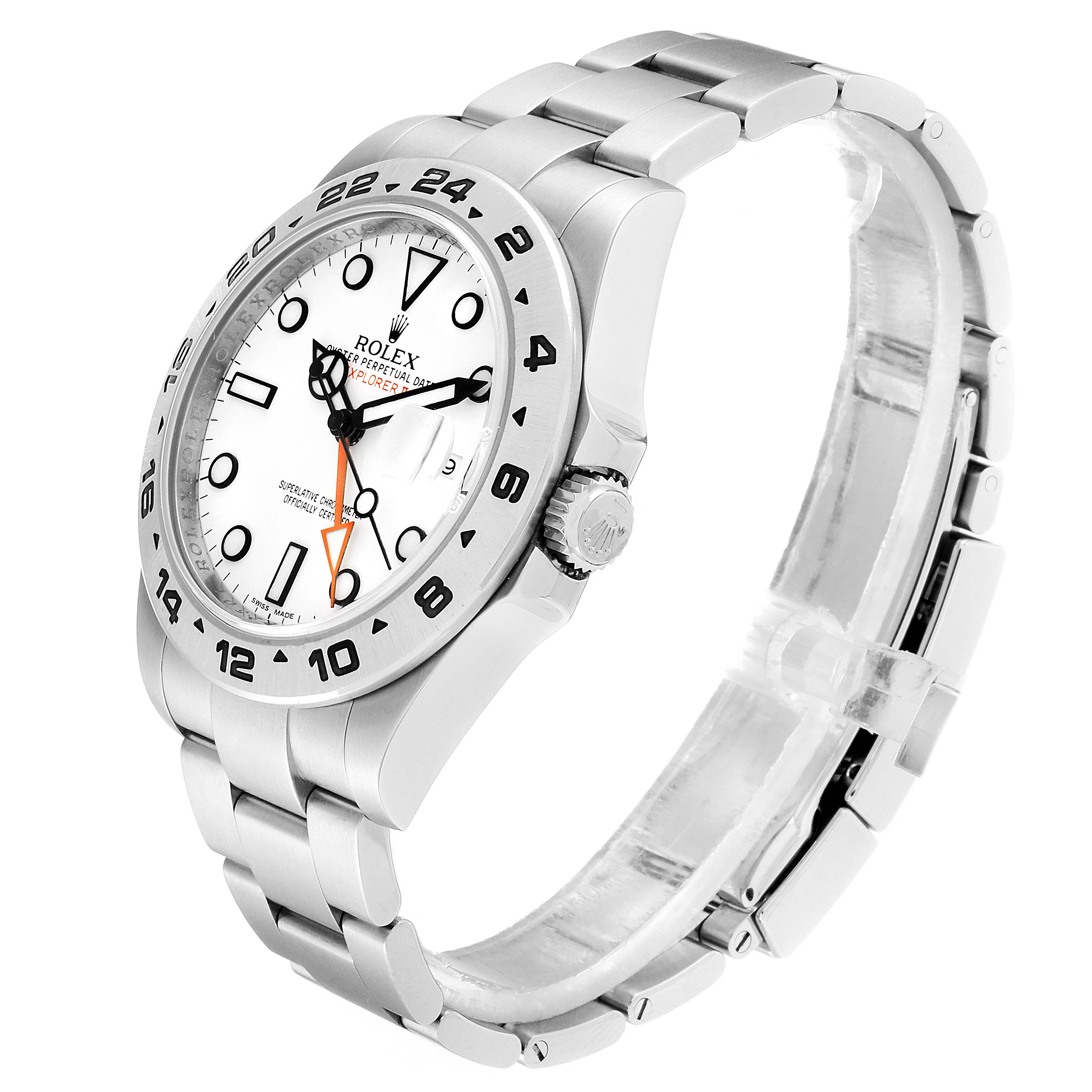 The image shows a side-angle view of a Rolex Explorer 216570 Men
s Stainless Steel White Dial 216570 Men
s Stainless Steel White Dial model watch, highlighting the face, bezel, crown, and bracelet.