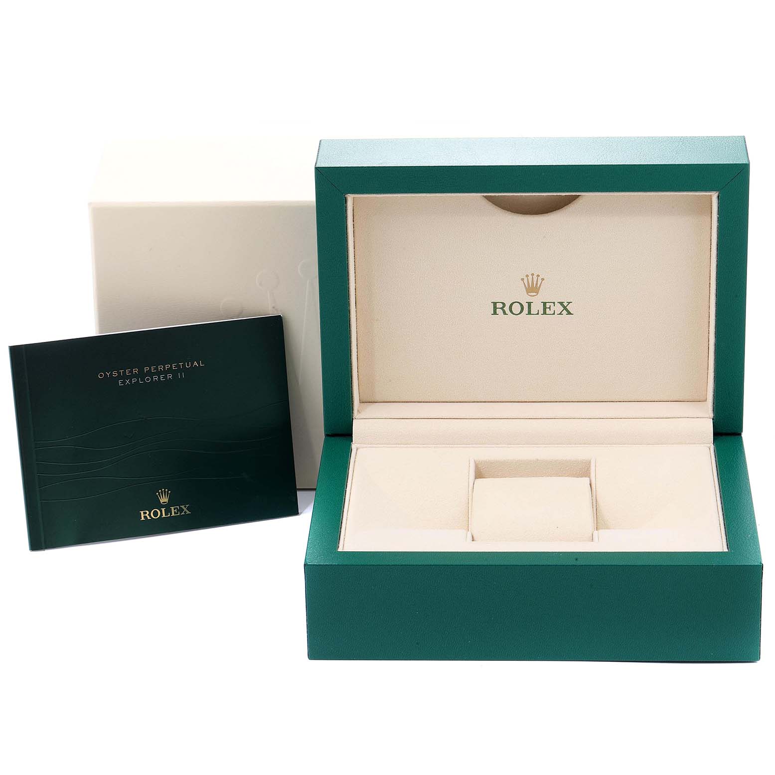 The image shows the packaging and manual of a Rolex Explorer 216570 Men
s Stainless Steel White Dial 216570 Men
s Stainless Steel White Dial model, with an open green and beige watch box.