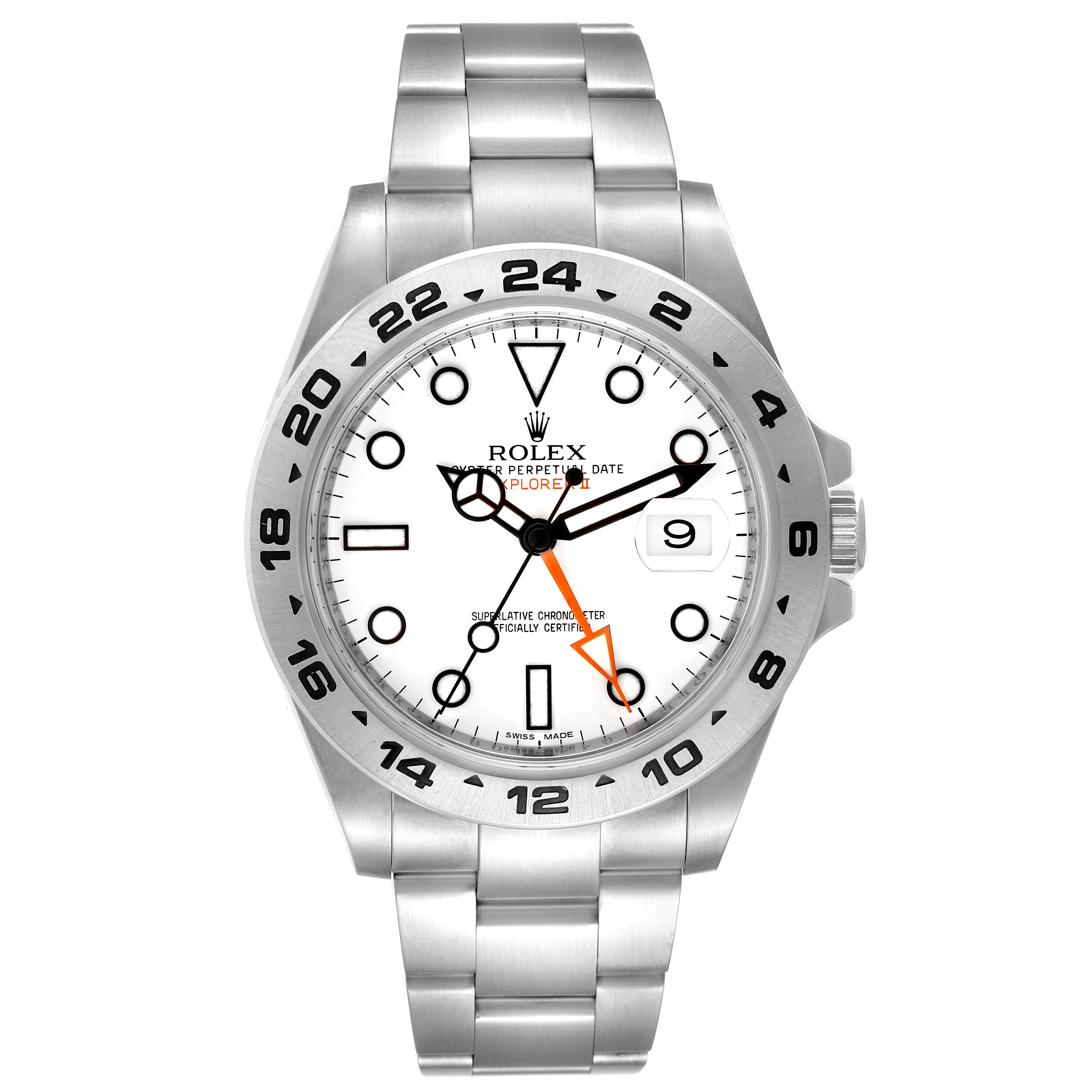 This image shows a frontal view of a Rolex Explorer 216570 Men
s Stainless Steel White Dial 216570 Men
s Stainless Steel White Dial watch with a white dial, date window, and metal bracelet.