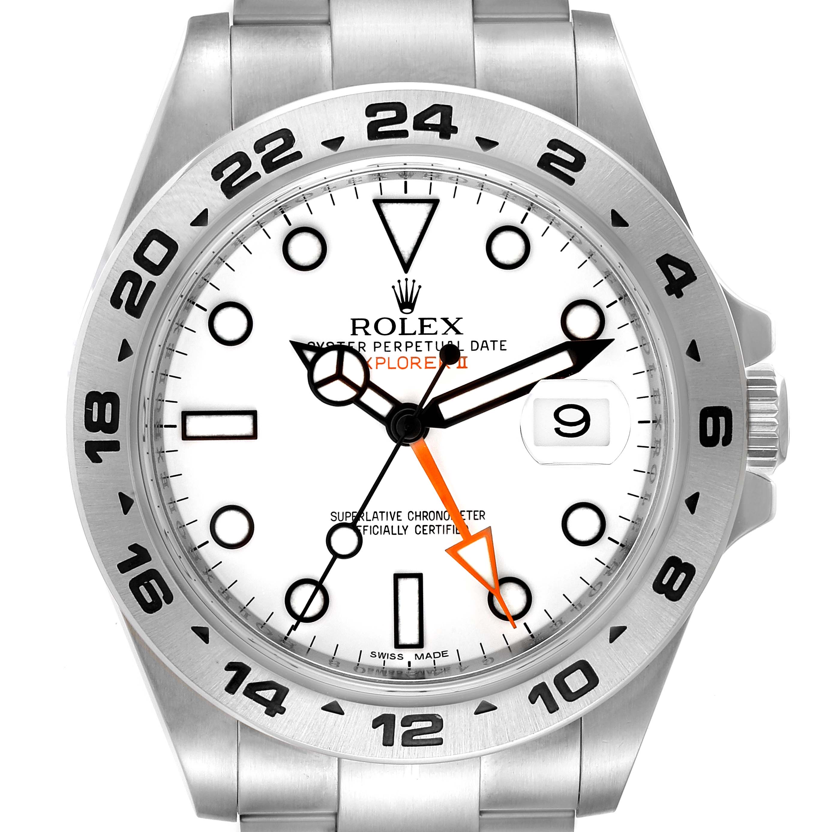 This image shows a frontal view of a Rolex Explorer 216570 Men
s Stainless Steel White Dial 216570 Men
s Stainless Steel White Dial watch, highlighting the dial, hands, bezel, and bracelet.
