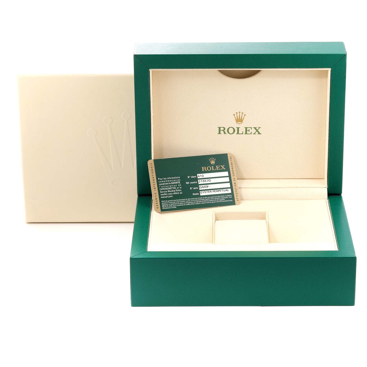 The image shows an open green Rolex box for the Explorer model, with an Best Quality
ity card placed inside.