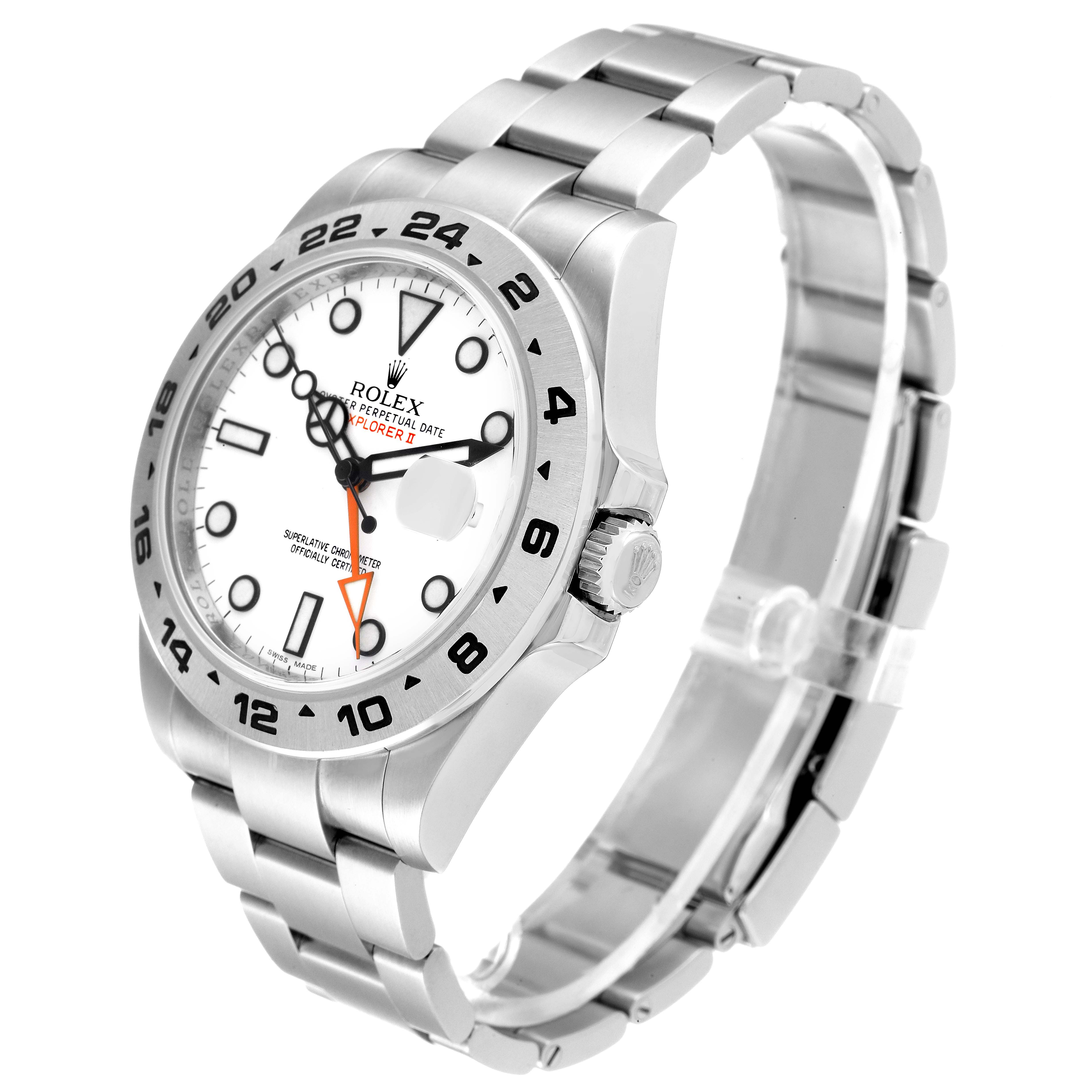 The Rolex Explorer 216570 Men
s Stainless Steel White Dial 216570 Men
s Stainless Steel White Dial watch is shown at an angled view, displaying the face, bezel, crown, and metal bracelet.