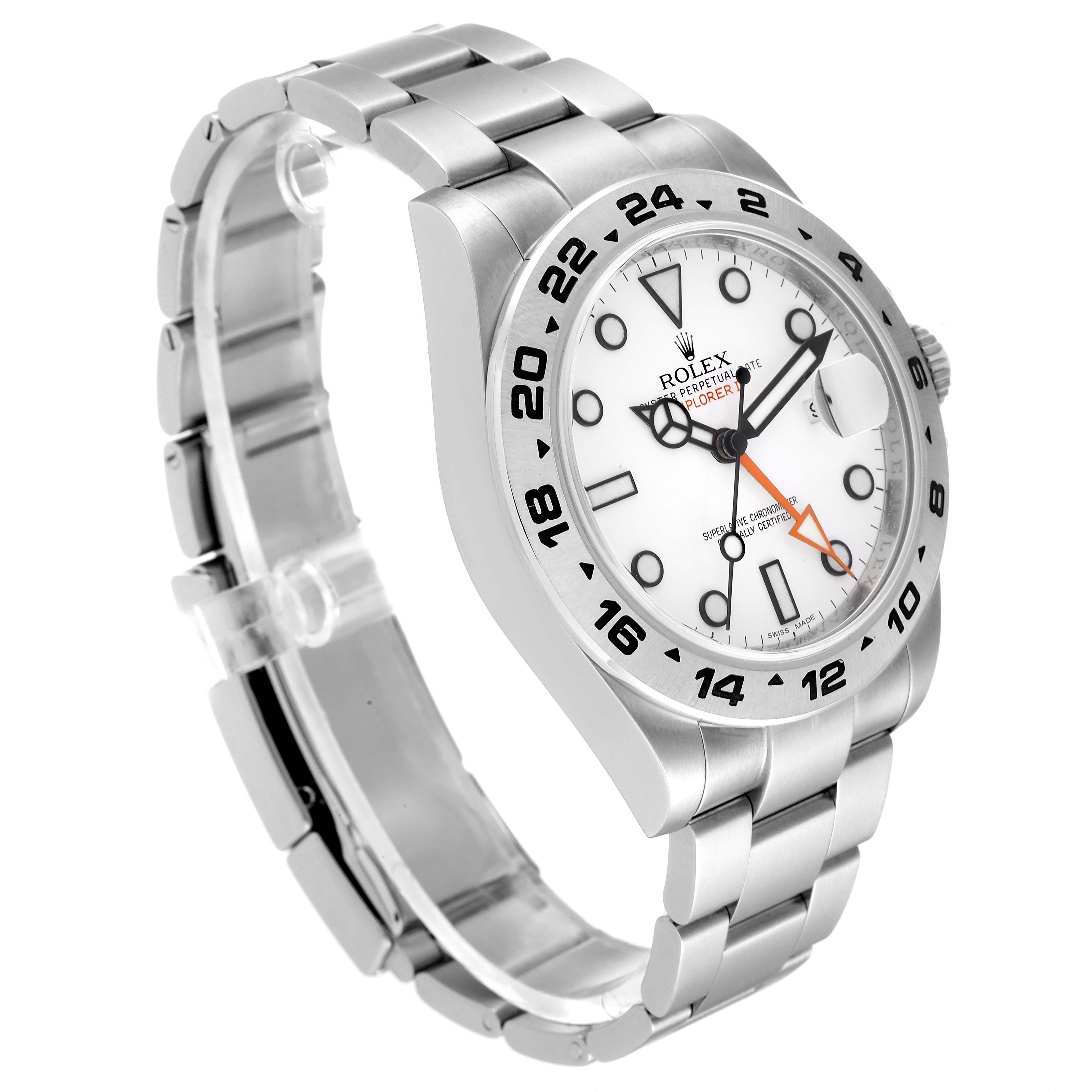 The image shows a side angle of the Rolex Explorer 216570 Men
s Stainless Steel White Dial 216570 Men
s Stainless Steel White Dial watch, highlighting the bracelet, bezel, and dial.