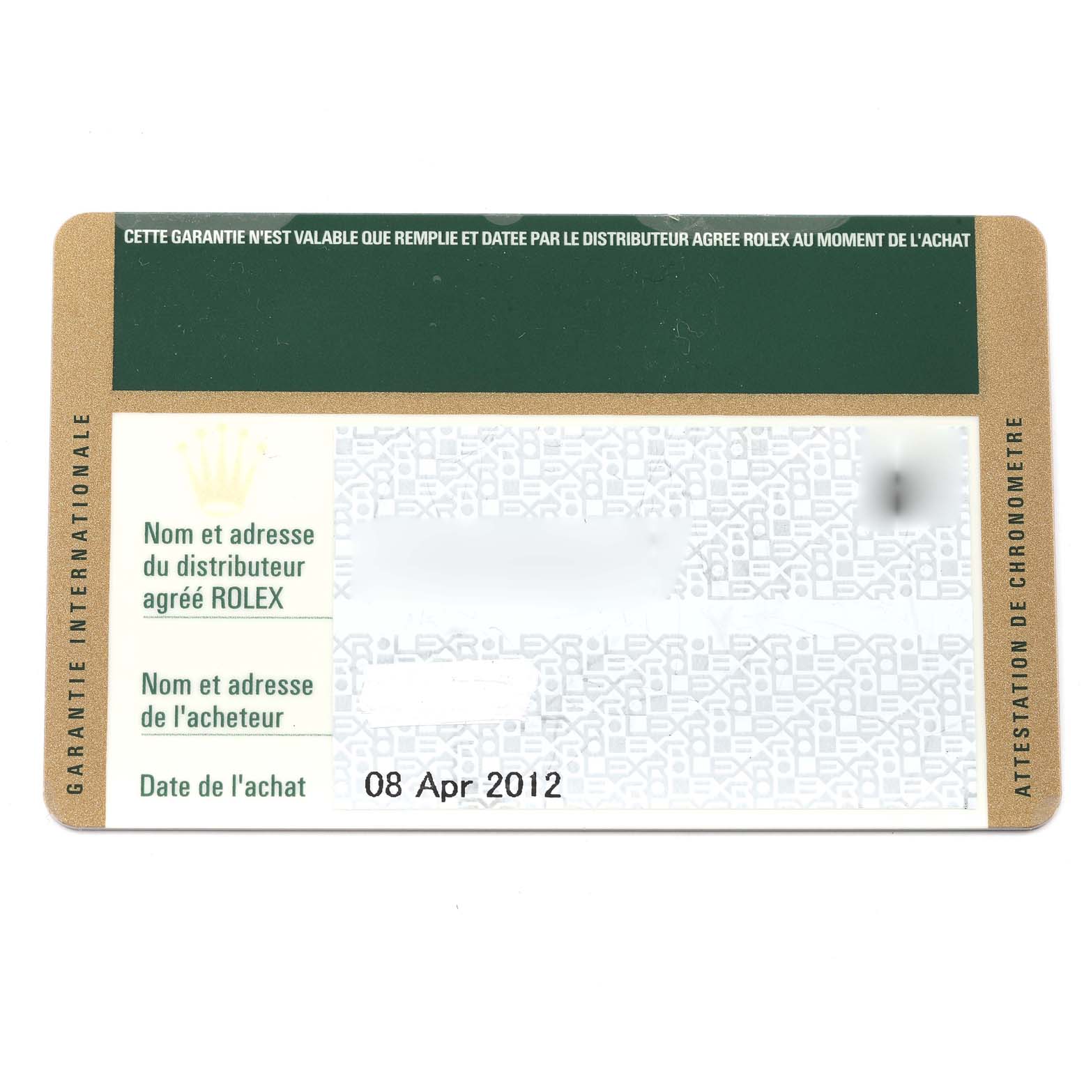 This image shows the warranty card for the Rolex Explorer 216570 Men
s Stainless Steel White Dial 216570 Men
s Stainless Steel White Dial model, featuring purchase details and distributor information.