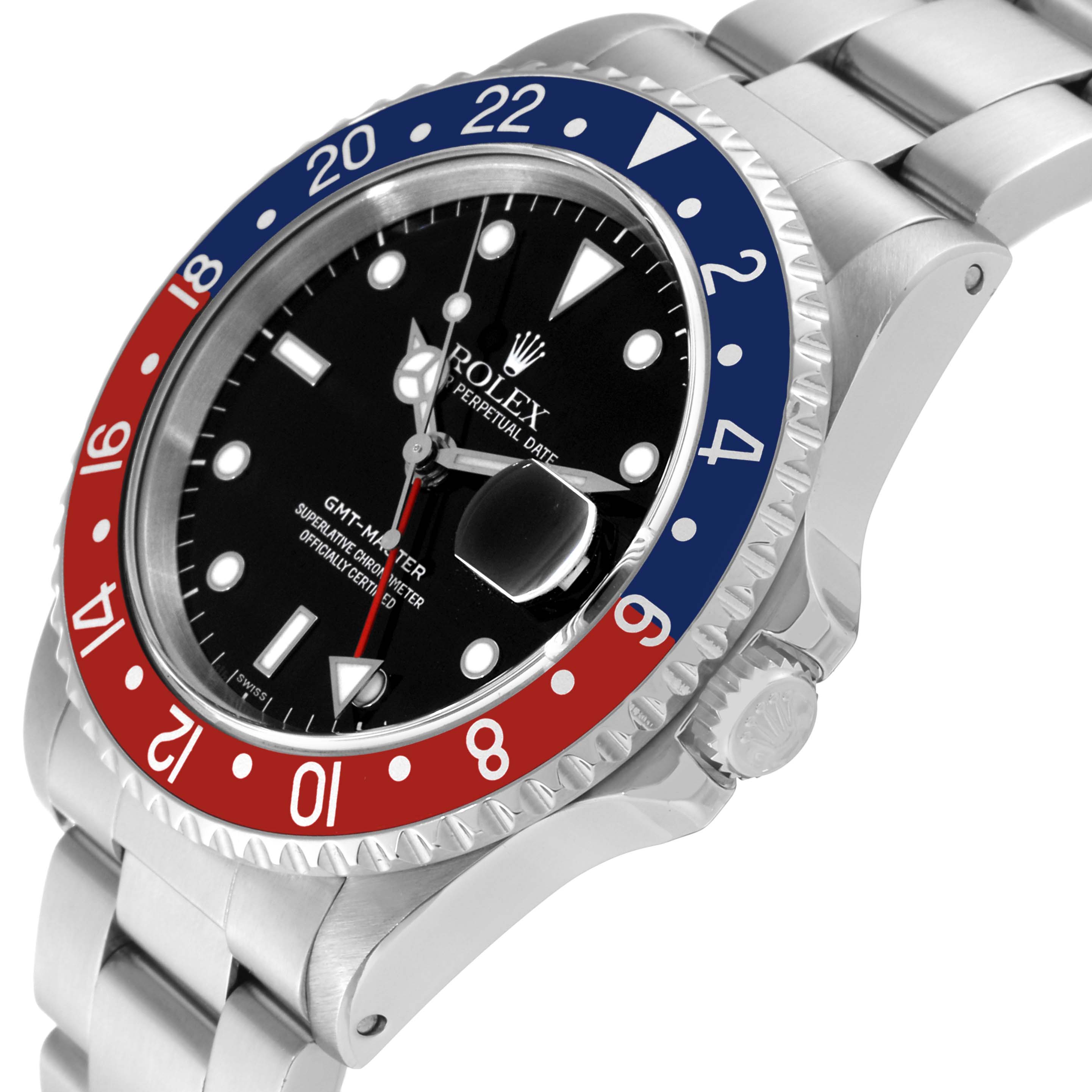 The image shows a close-up angle of a Rolex GMT-Master 16700 Men's Stainless Steel Black Dial 16700 Men's Stainless Steel Black Dial watch, highlighting the bezel, dial, crown, and bracelet.