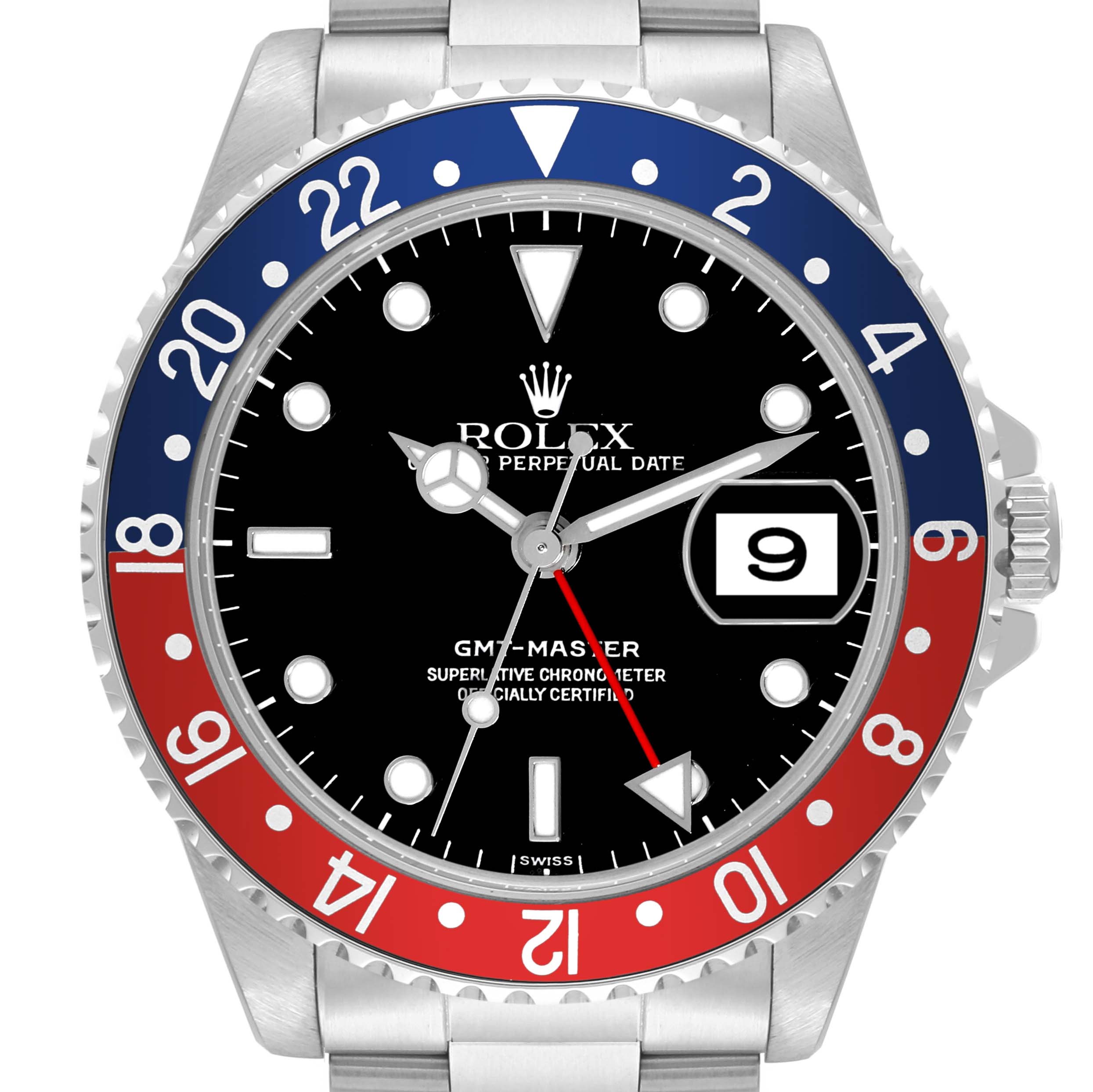 This image shows a front view of a Rolex GMT-Master 16700 Men's Stainless Steel Black Dial 16700 Men's Stainless Steel Black Dial watch, highlighting the dial, bezel, crown, and part of the bracelet.