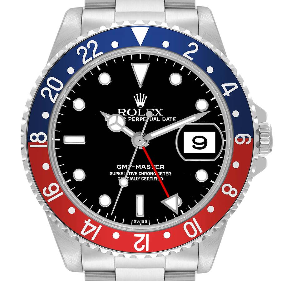 This image shows a front view of a Rolex GMT-Master watch, highlighting the dial, bezel, crown, and part of the bracelet.