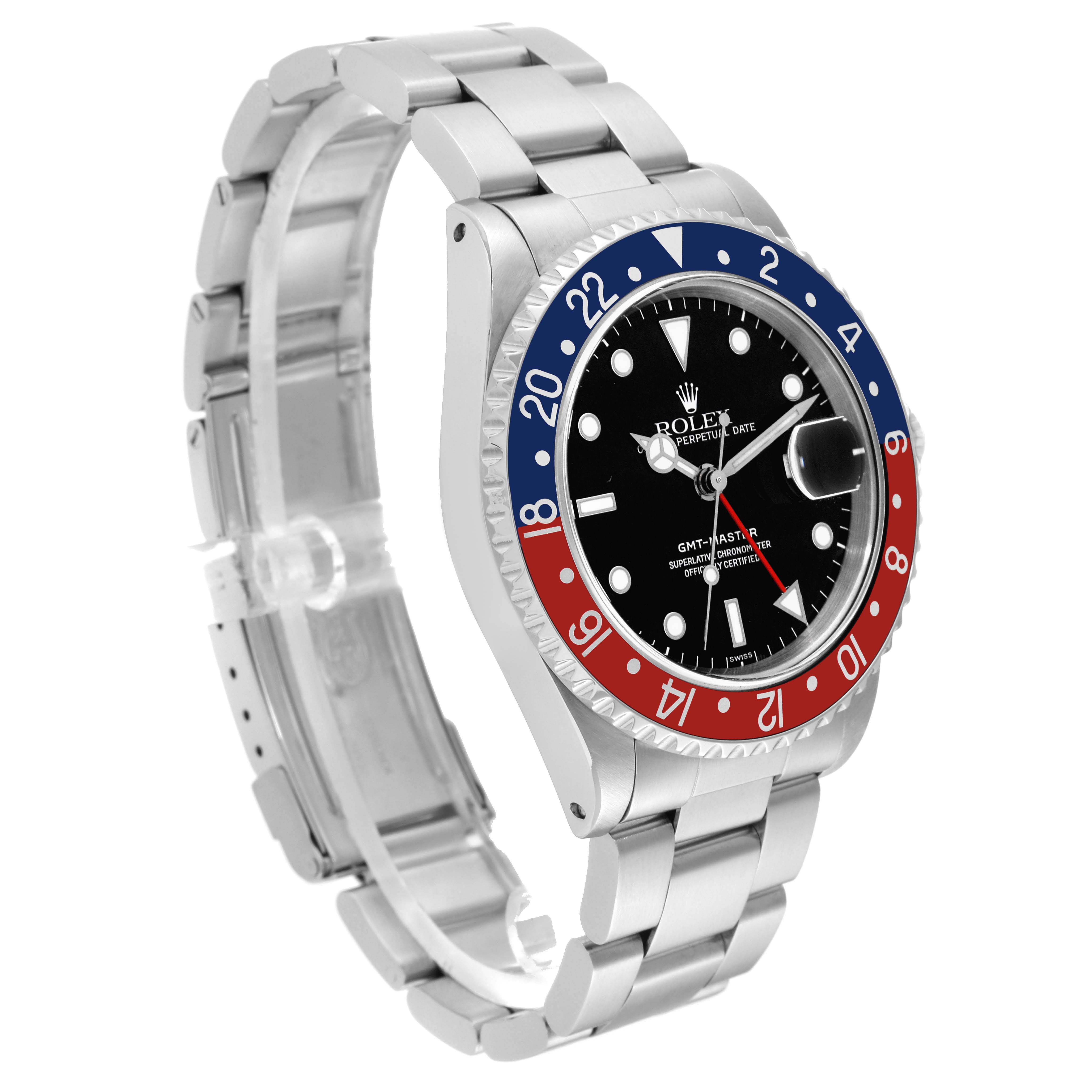 This image shows a side angle of the Rolex GMT-Master 16700 Men's Stainless Steel Black Dial 16700 Men's Stainless Steel Black Dial watch, highlighting its bezel, dial, and bracelet.