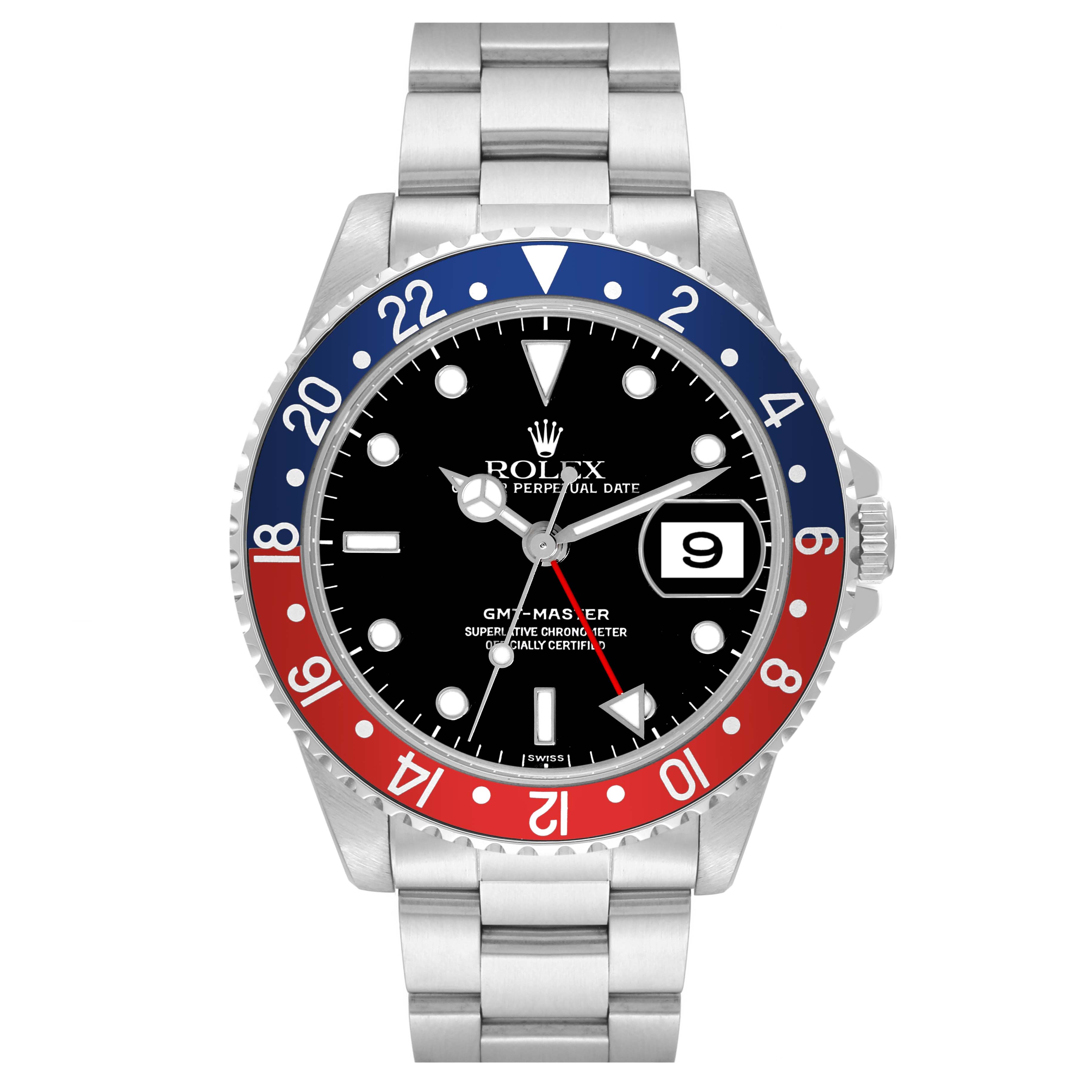 The image shows a front view of a Rolex GMT-Master 16700 Men's Stainless Steel Black Dial 16700 Men's Stainless Steel Black Dial watch, featuring its dial, bezel, and bracelet.