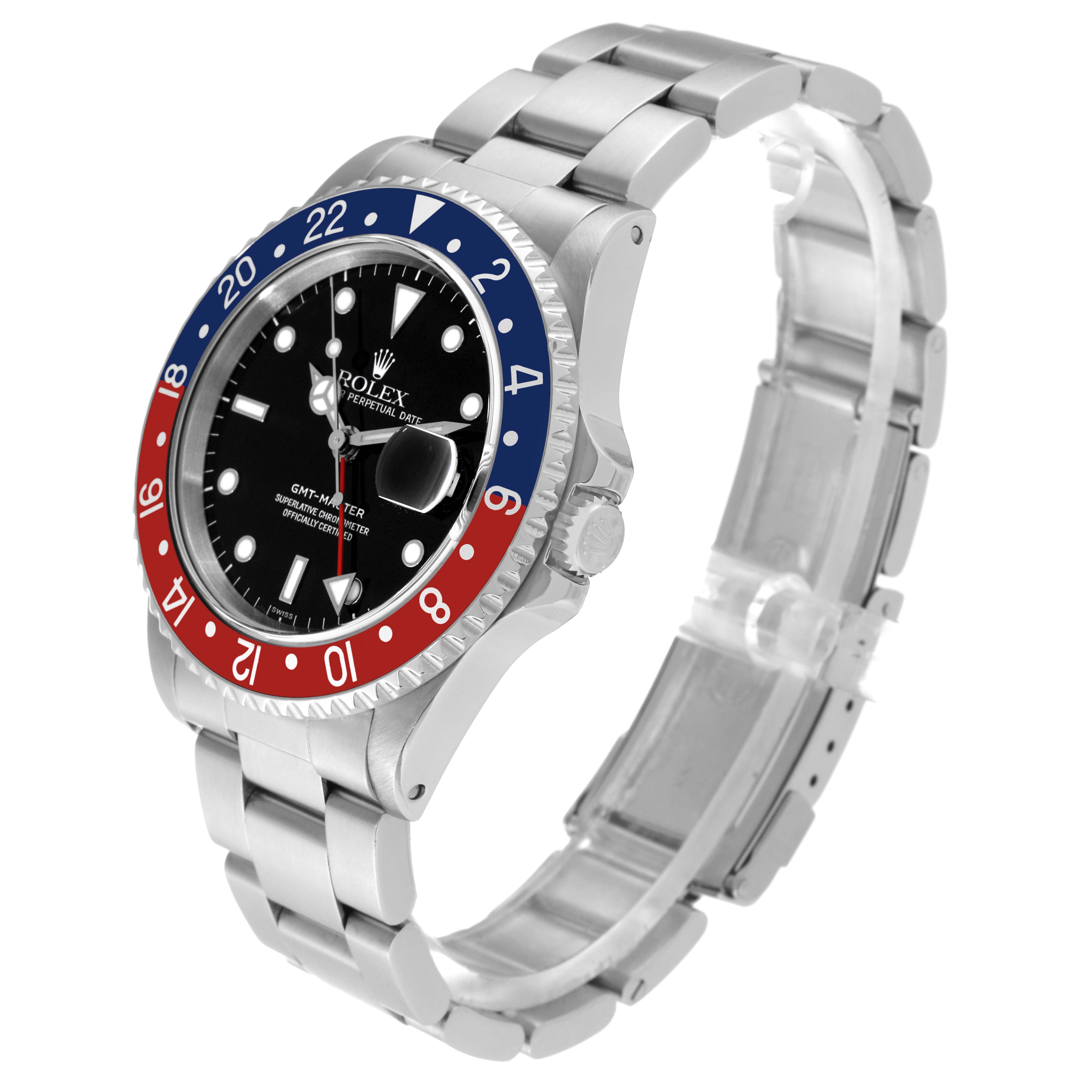 This image shows a side angle of a Rolex GMT-Master 16700 Men's Stainless Steel Black Dial 16700 Men's Stainless Steel Black Dial watch, including the bezel, dial, bracelet, and crown.