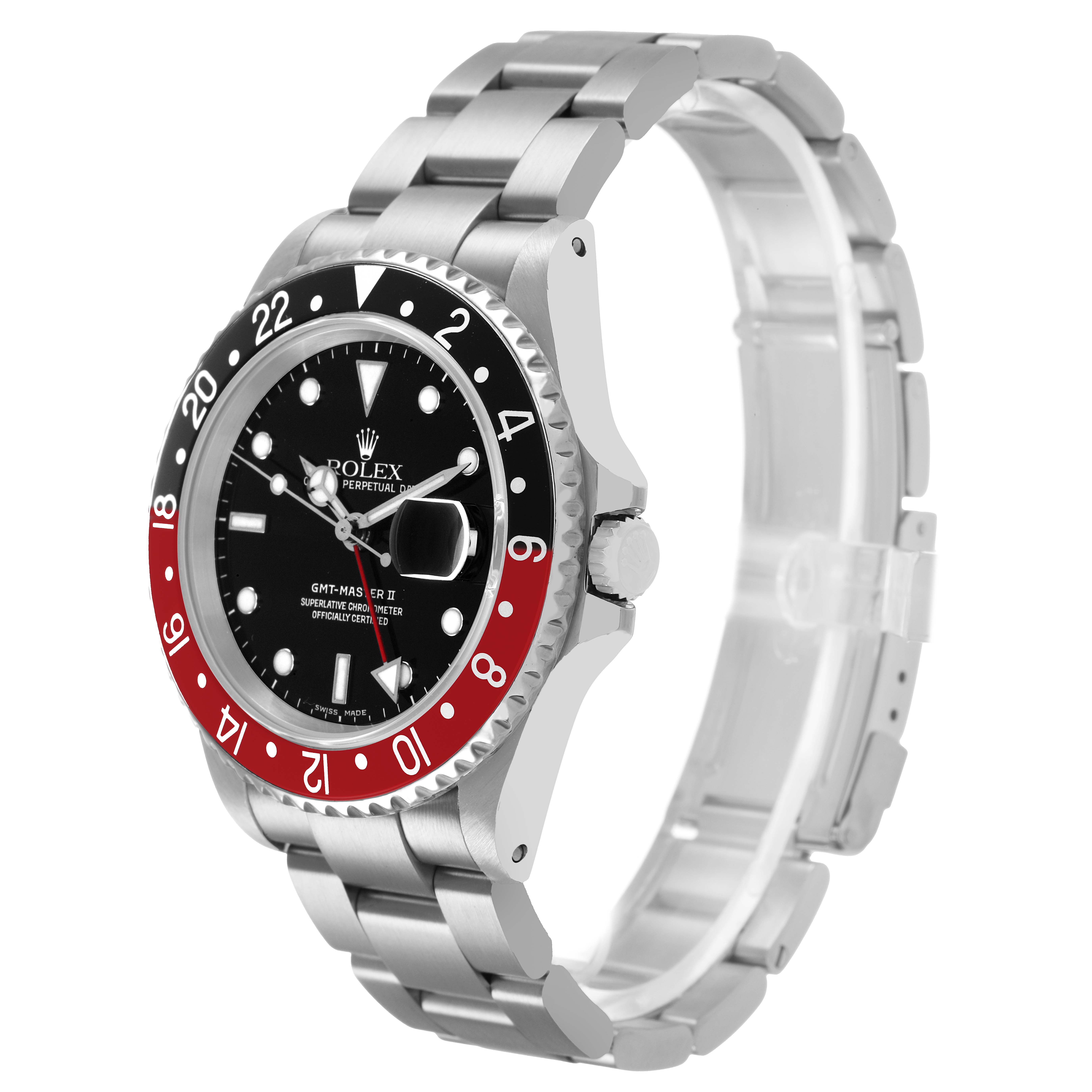 The Rolex GMT-Master 16710 Men's Stainless Steel Black Dial II is shown at a three-quarter angle, highlighting the bezel, dial, and bracelet.