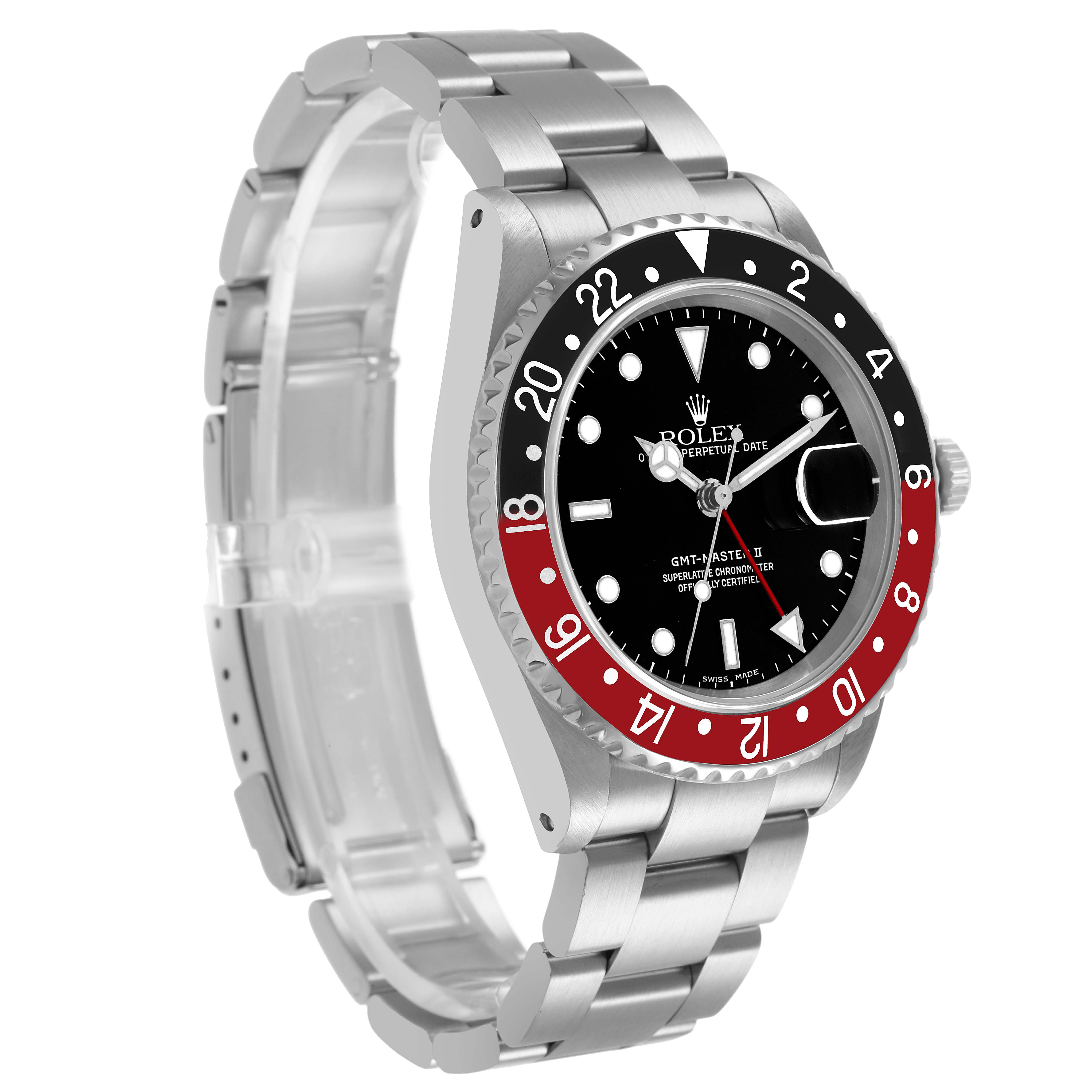 This Rolex GMT-Master 16710 Men's Stainless Steel Black Dial watch is shown at a three-quarter angle, highlighting the bezel, dial, and bracelet.