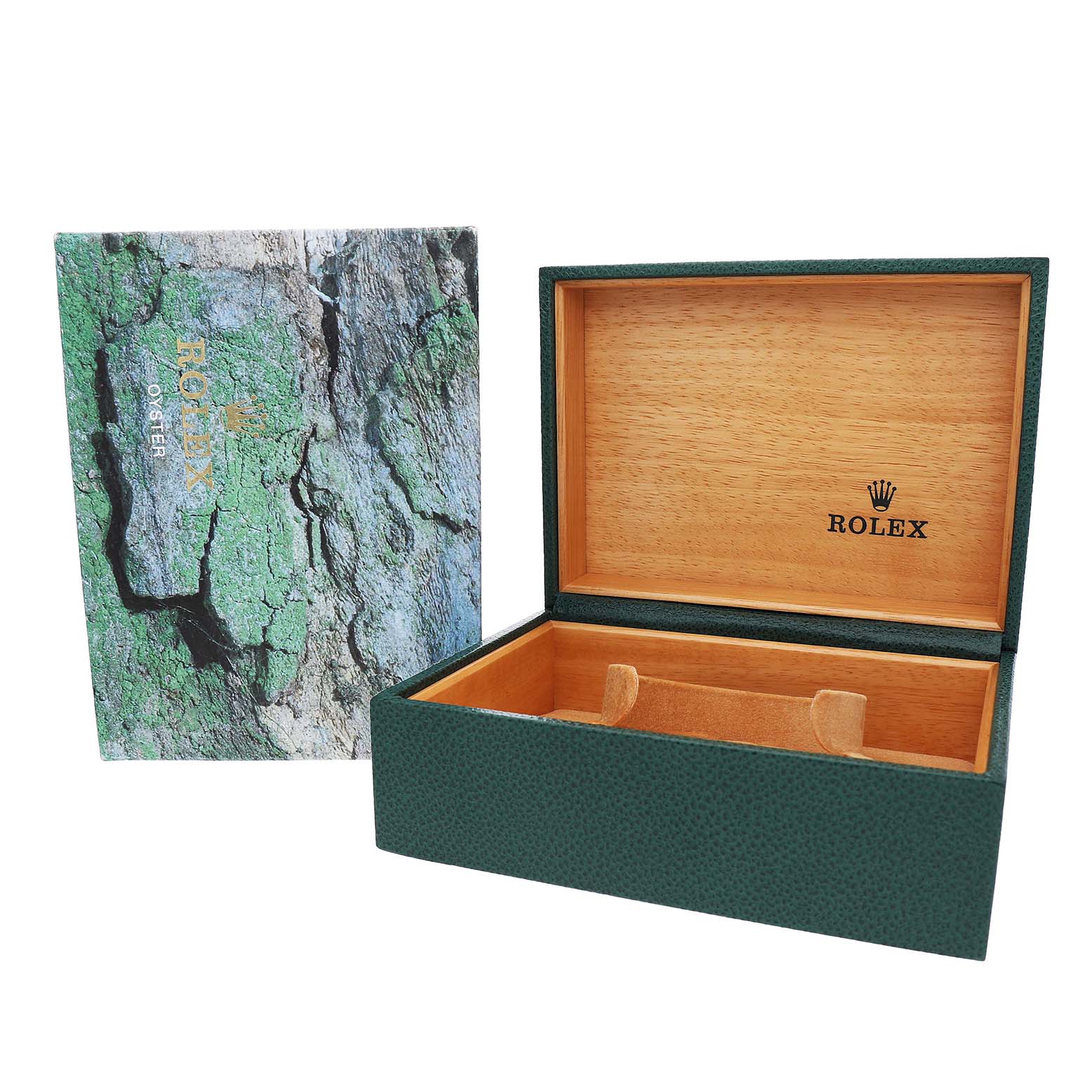 The image shows an open Rolex GMT-Master 16710 Men's Stainless Steel Black Dial model box with its outer green textured packaging.