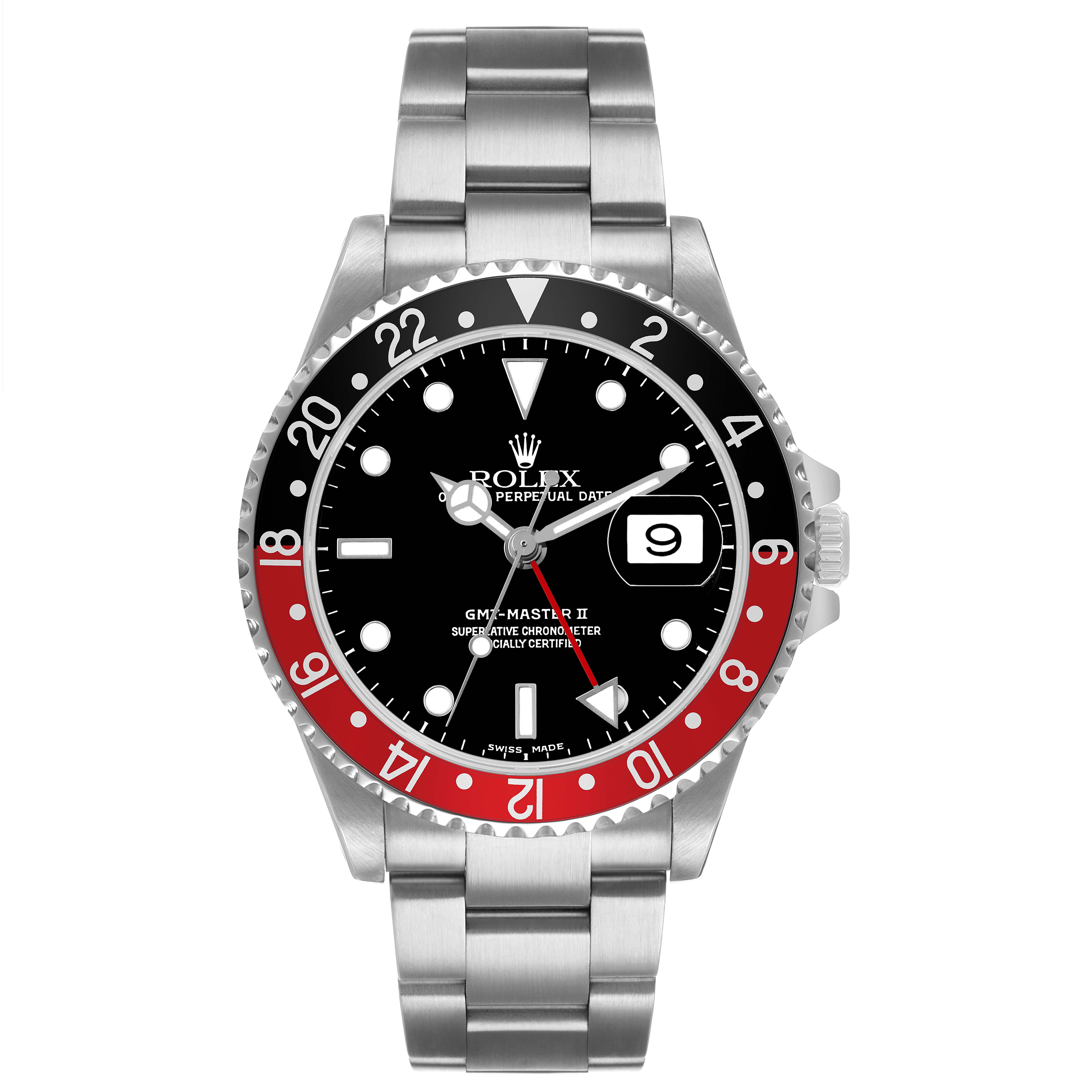 This image shows a frontal view of the Rolex GMT-Master 16710 Men's Stainless Steel Black Dial II, highlighting the bezel, dial, and bracelet.