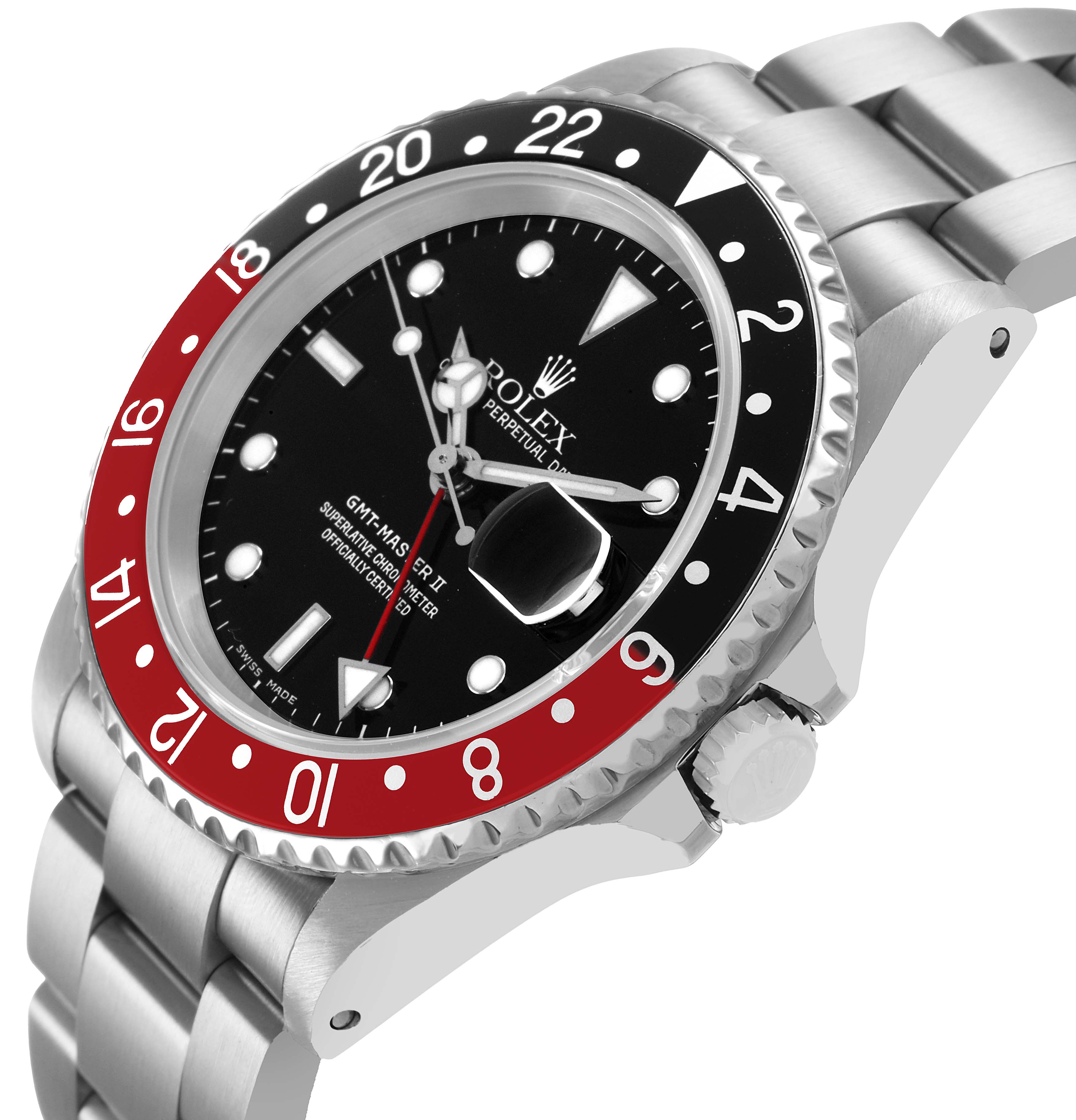 The Rolex GMT-Master 16710 Men's Stainless Steel Black Dial watch is shown at an angle displaying the face, bezel, crown, and part of the bracelet.